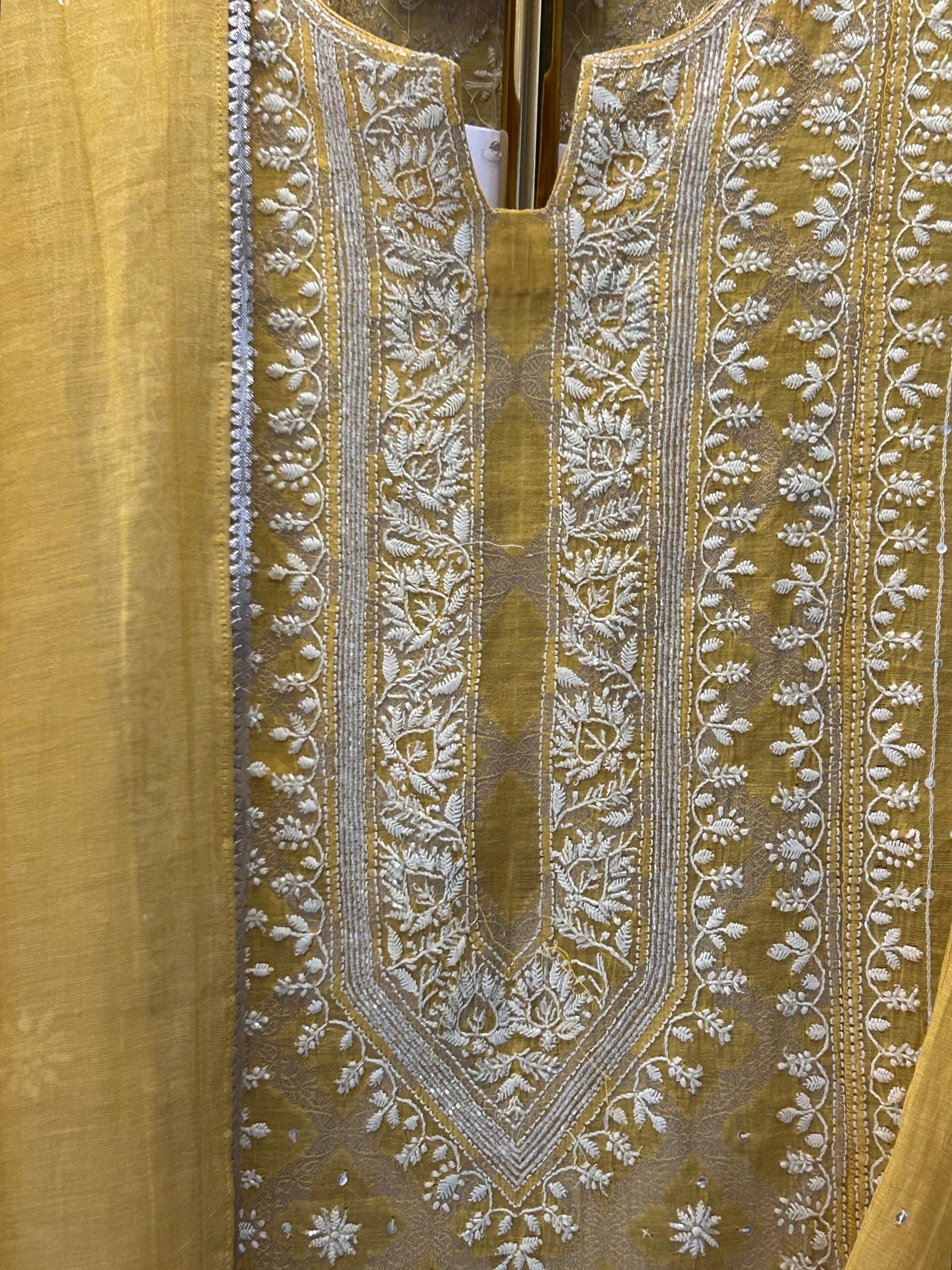 Mustard tissue chikankari kurta set