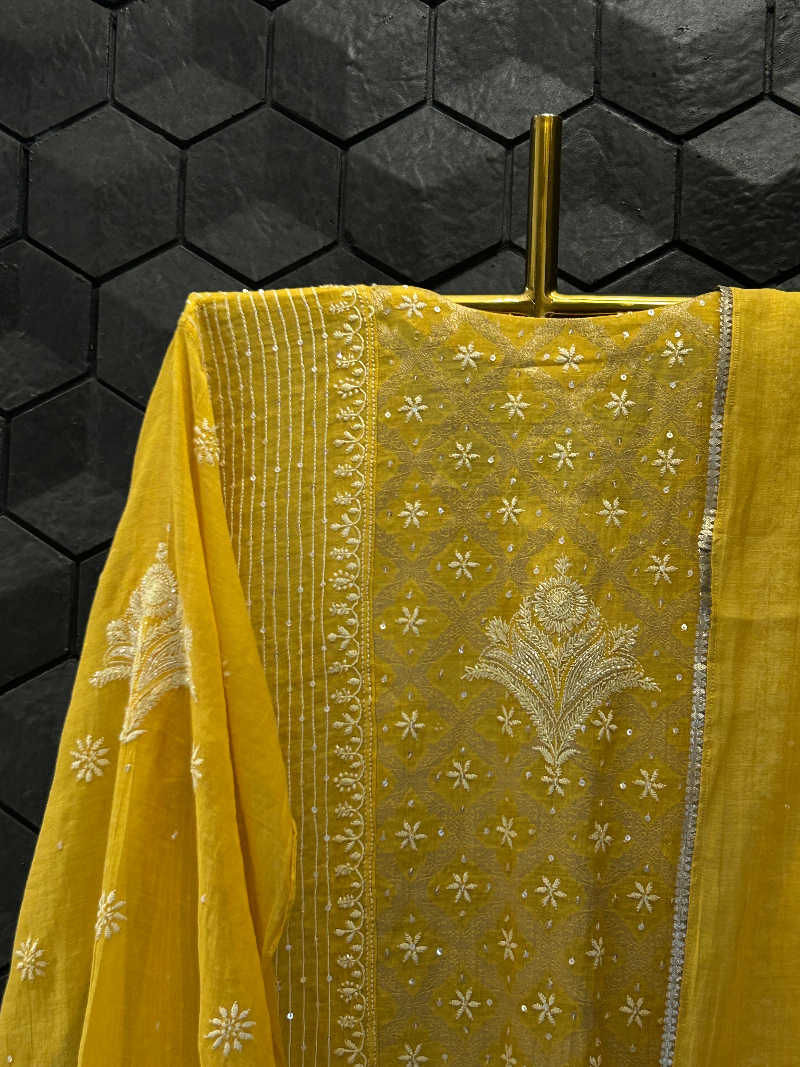 Mustard tissue chikankari kurta set
