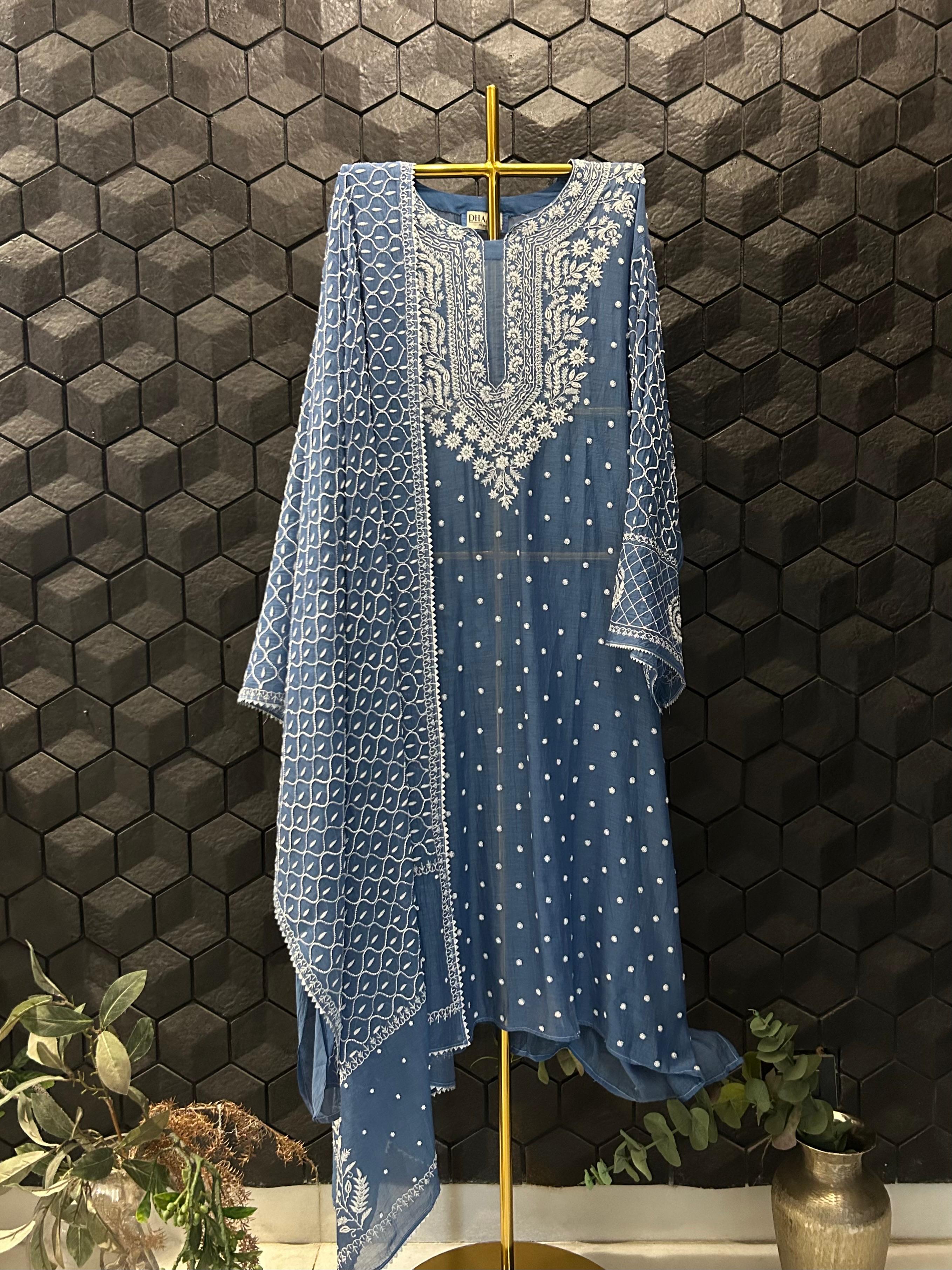 Blue mul chanderi chikankari kurta set