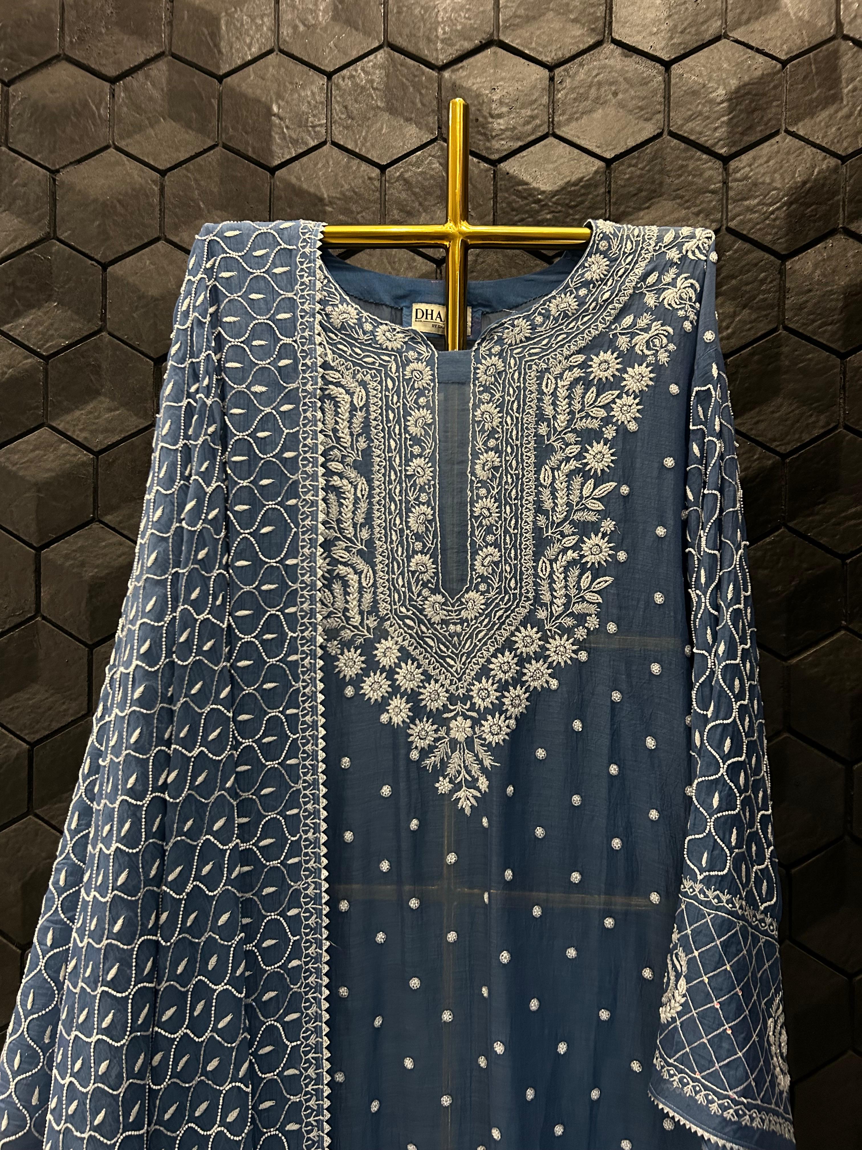 Blue mul chanderi chikankari kurta set