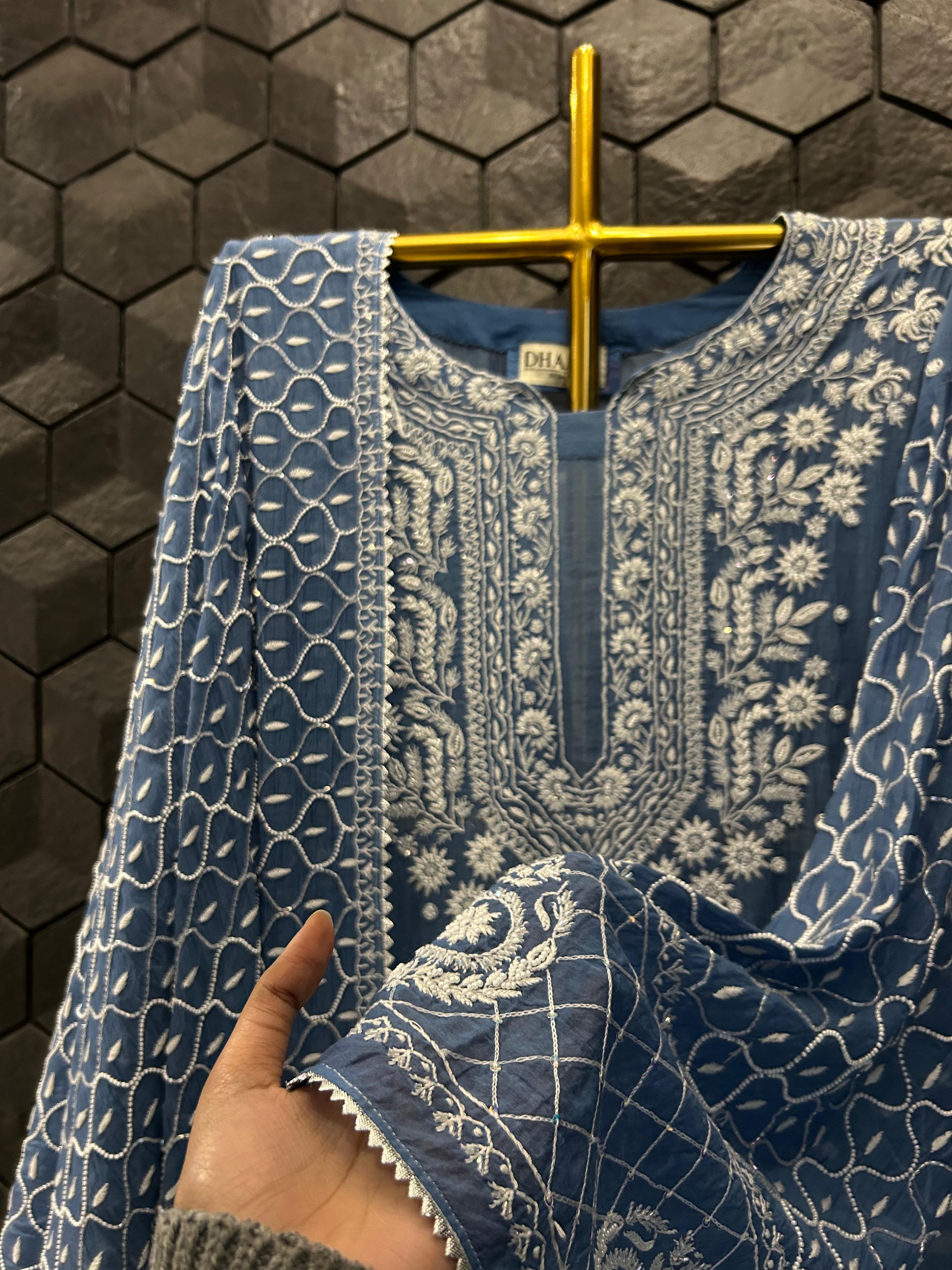 Blue mul chanderi chikankari kurta set