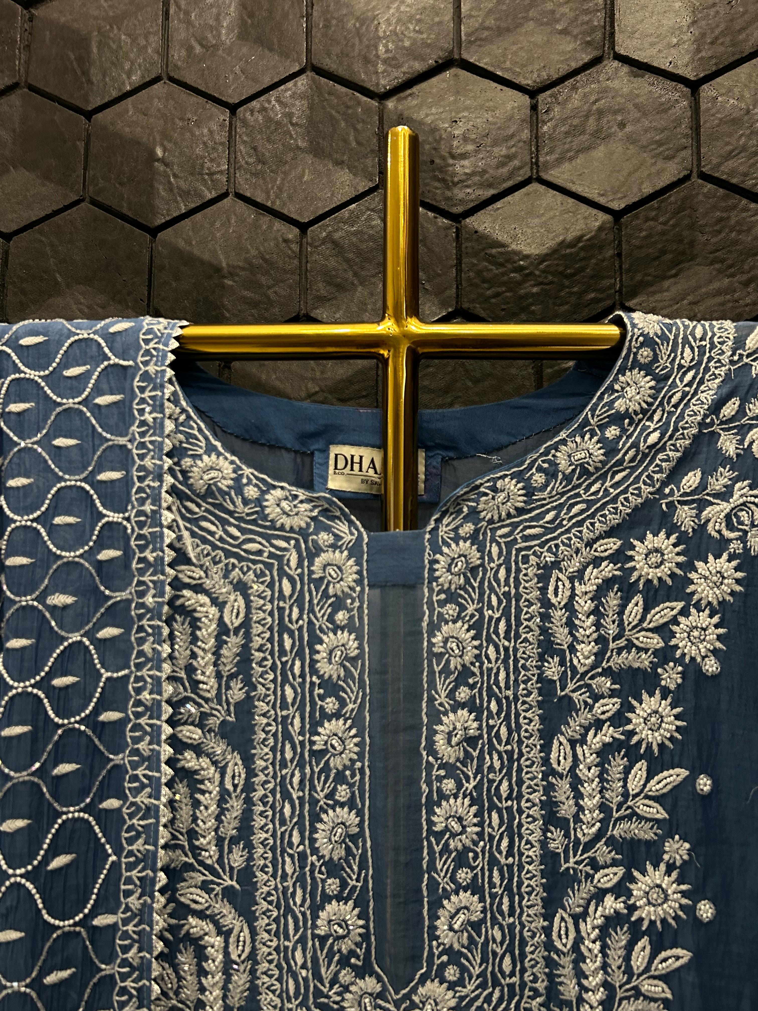 Blue mul chanderi chikankari kurta set