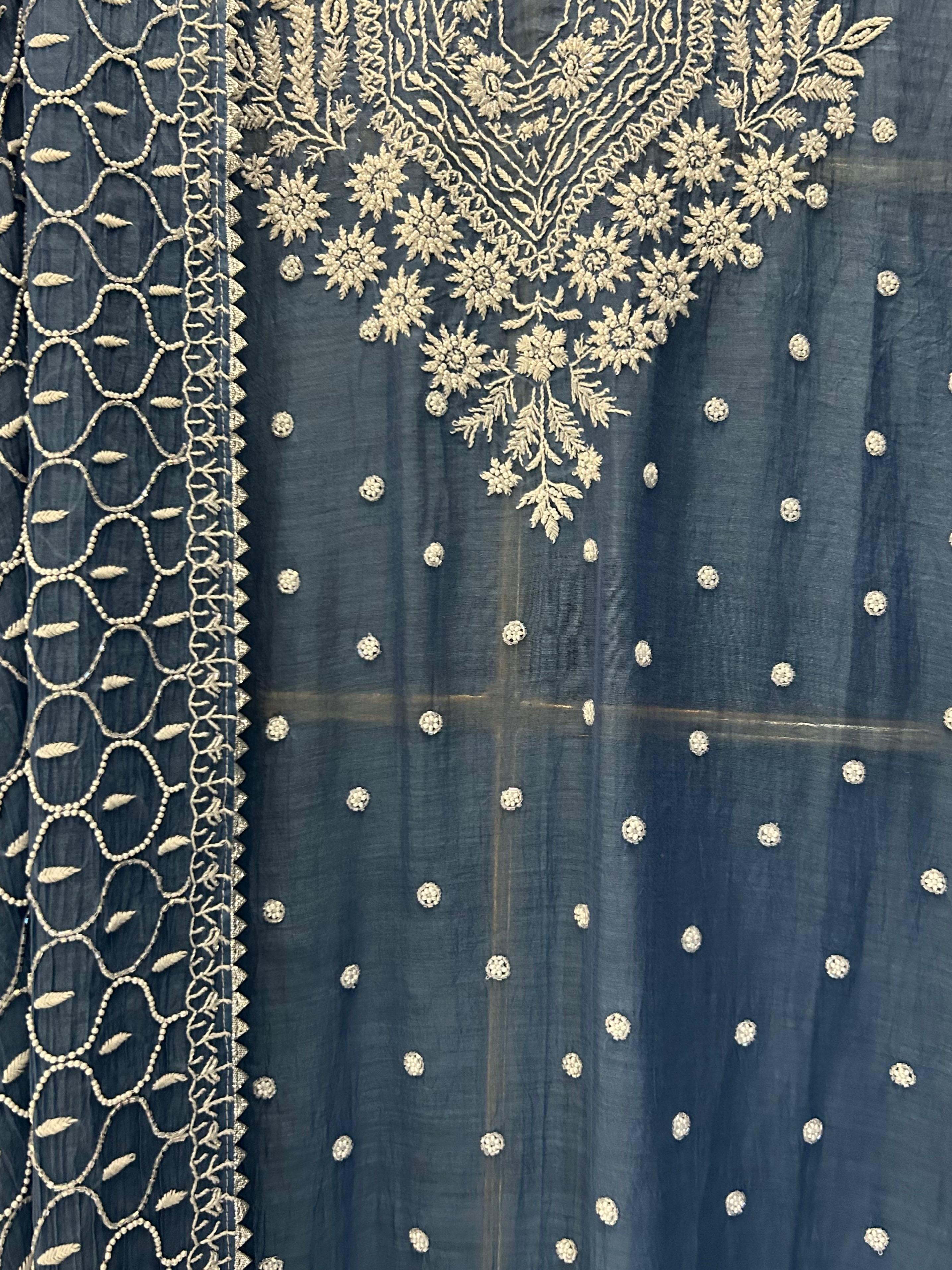 Blue mul chanderi chikankari kurta set
