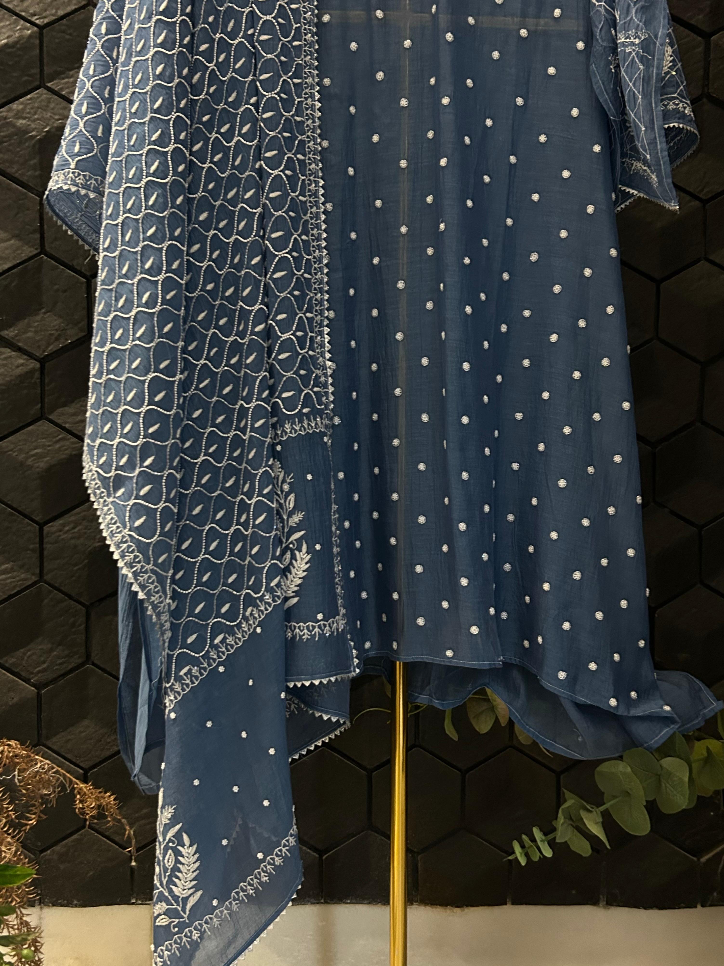 Blue mul chanderi chikankari kurta set