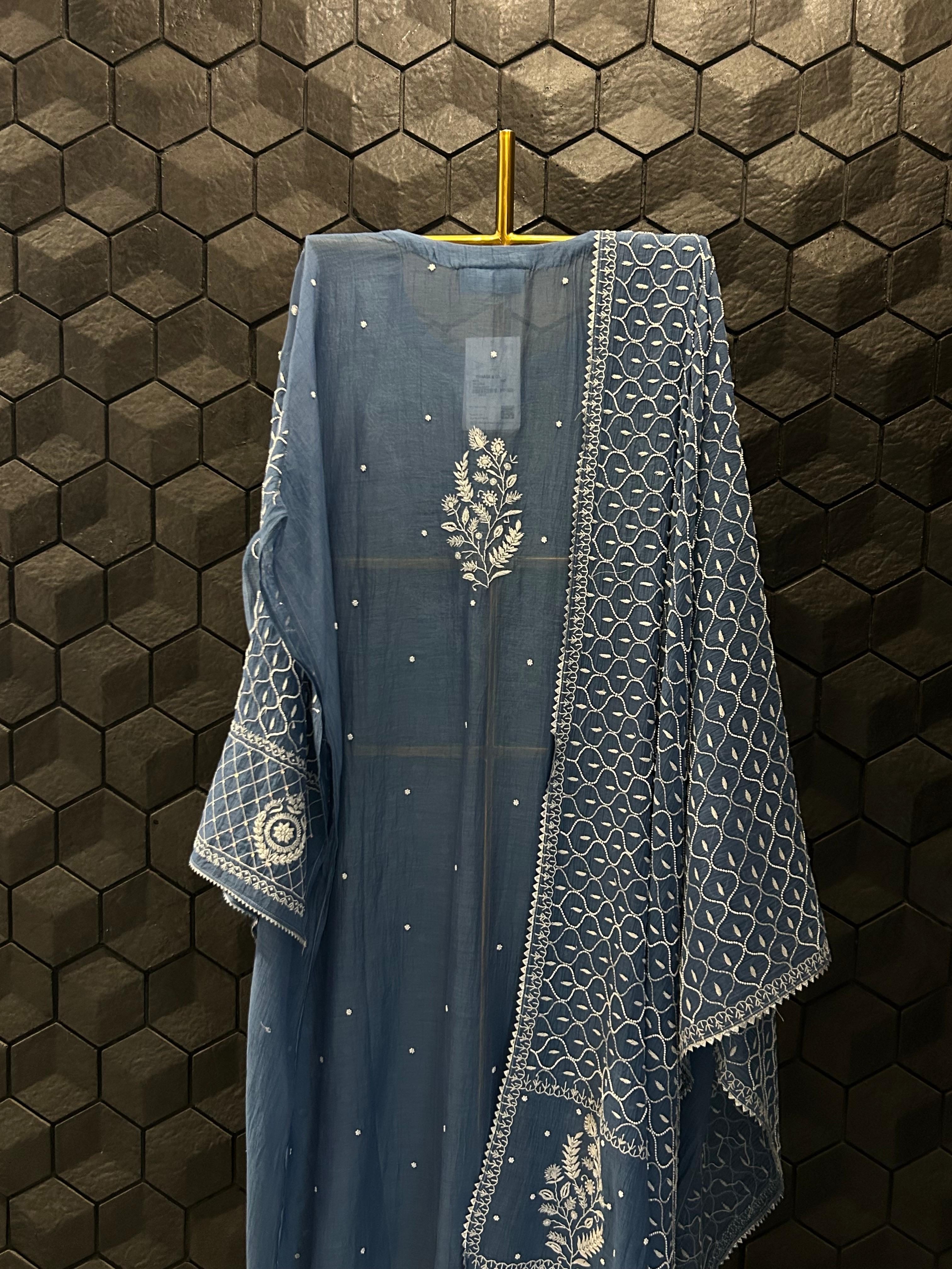 Blue mul chanderi chikankari kurta set