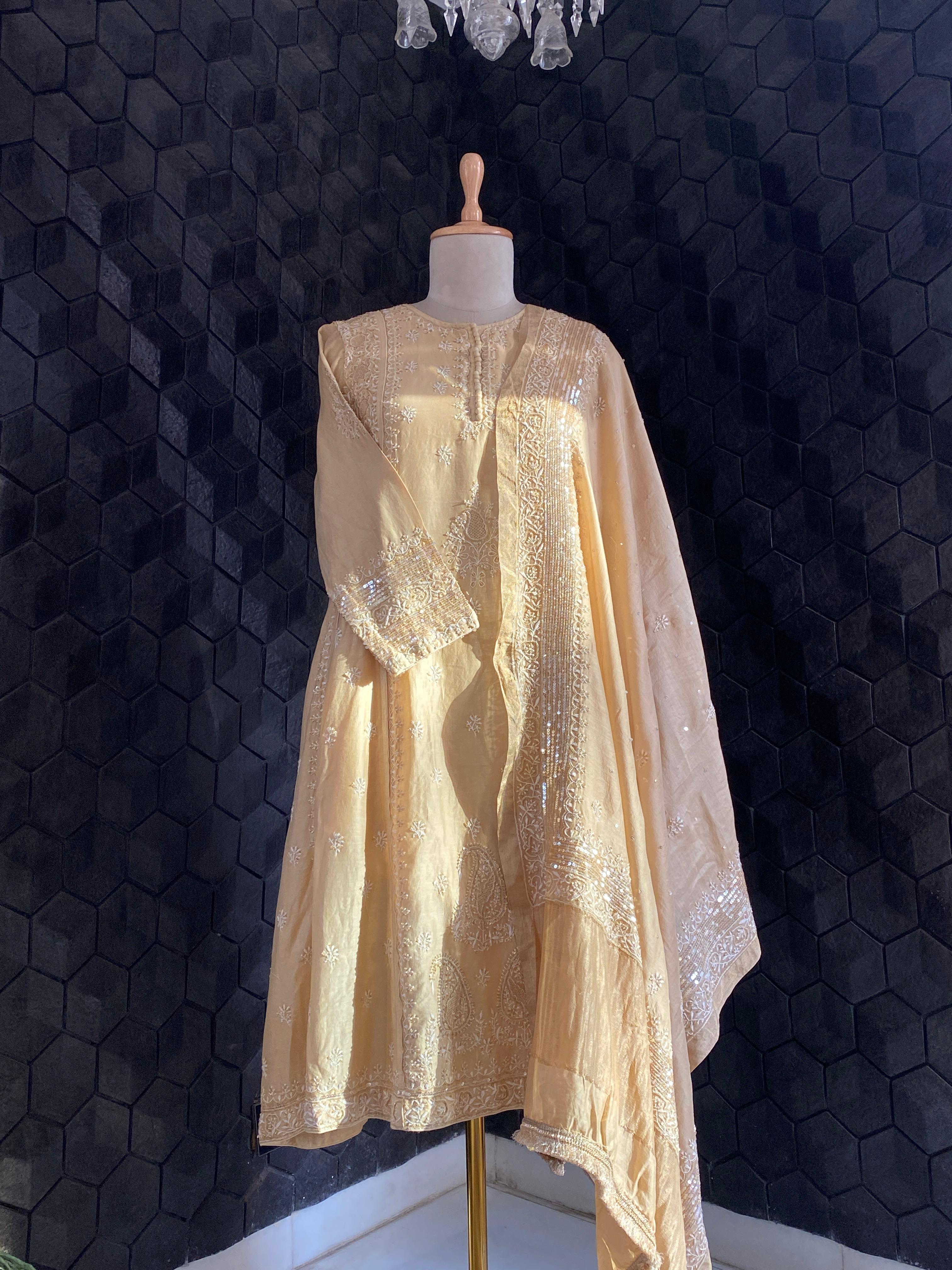 Gold Chanderi Chikankari  Anarkali  Set