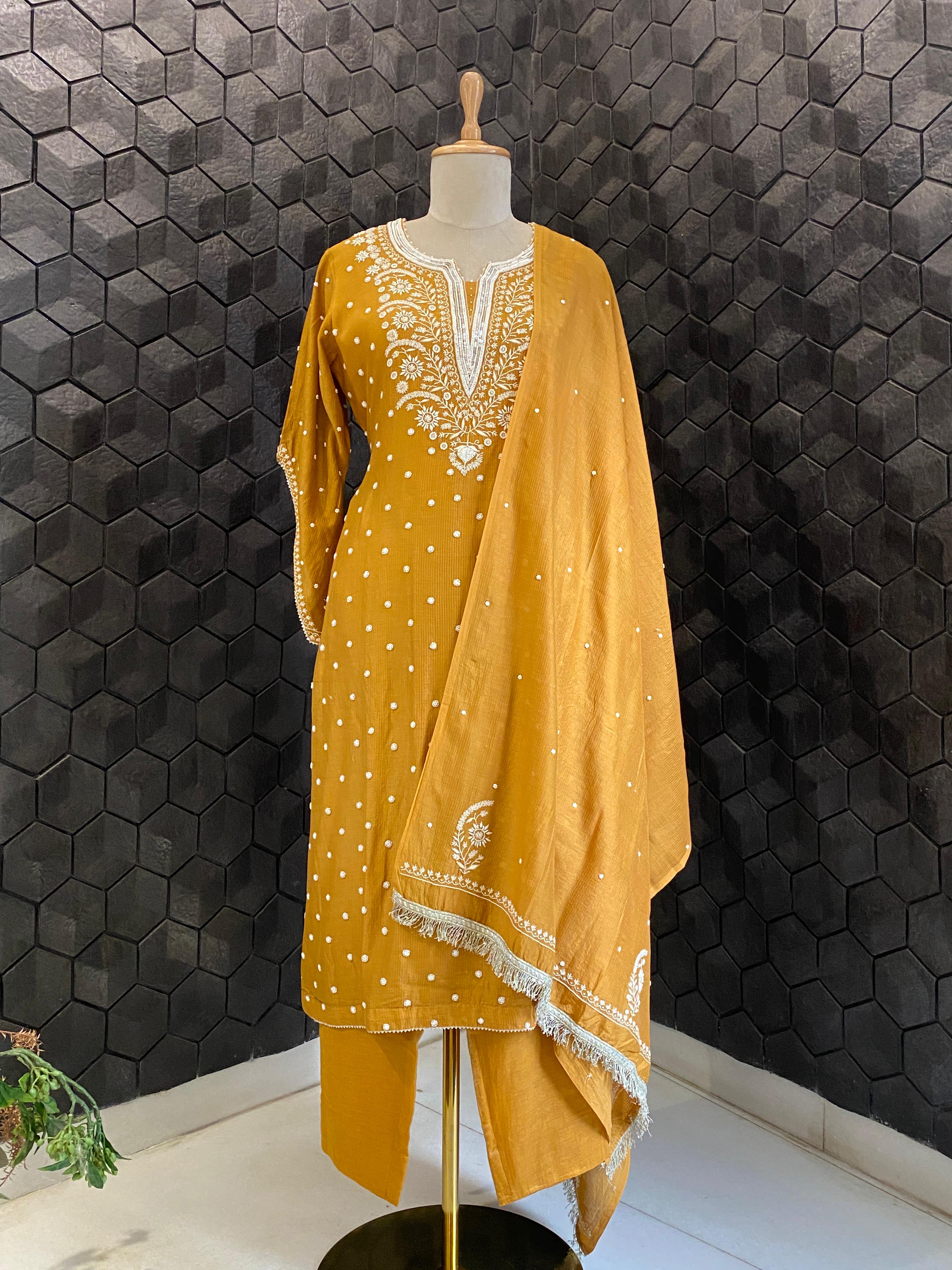 Mustard Maheshwari Chikankari Suit Set