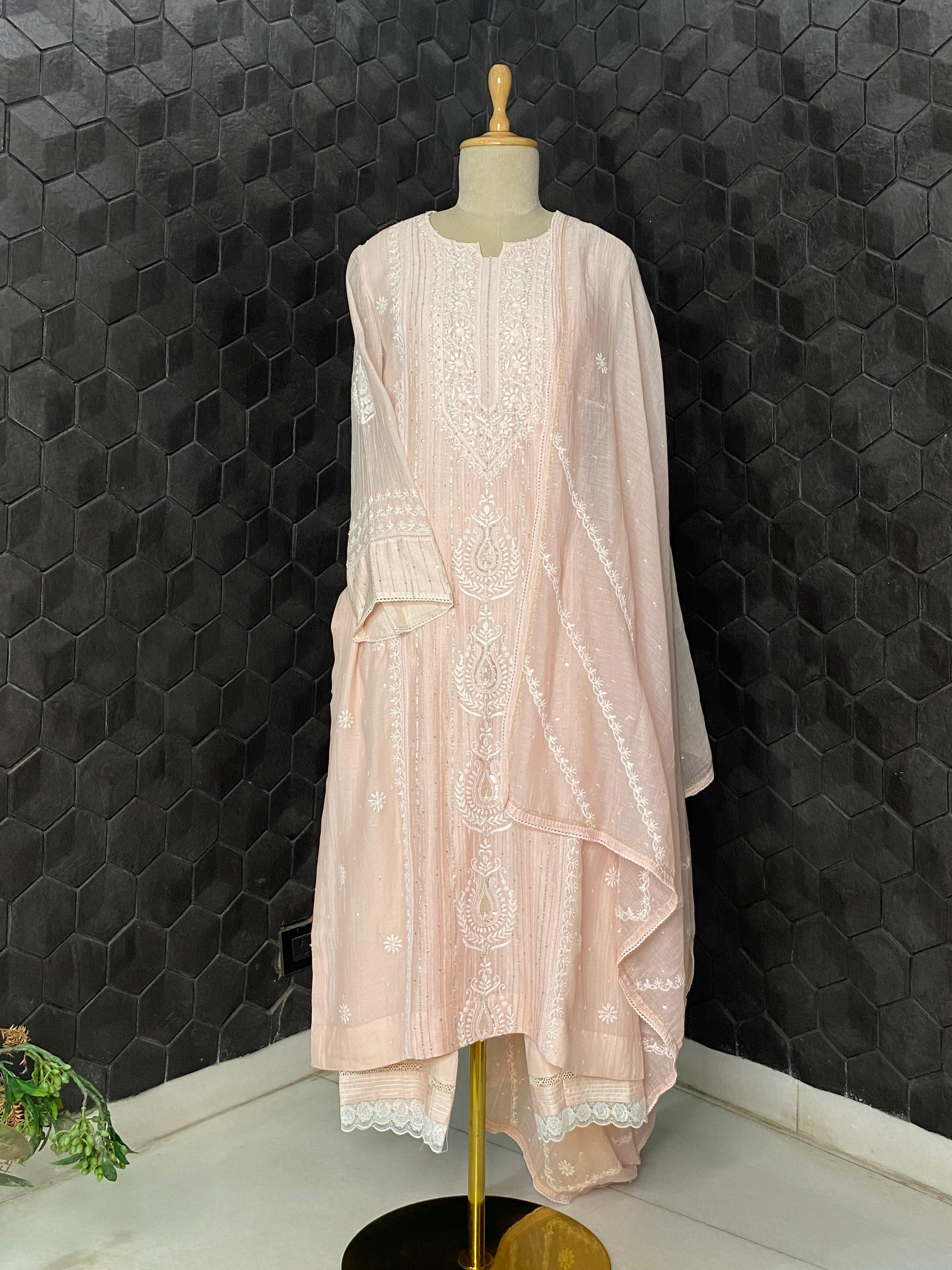 Pink Mul Chanderi Chikankari Suit Set
