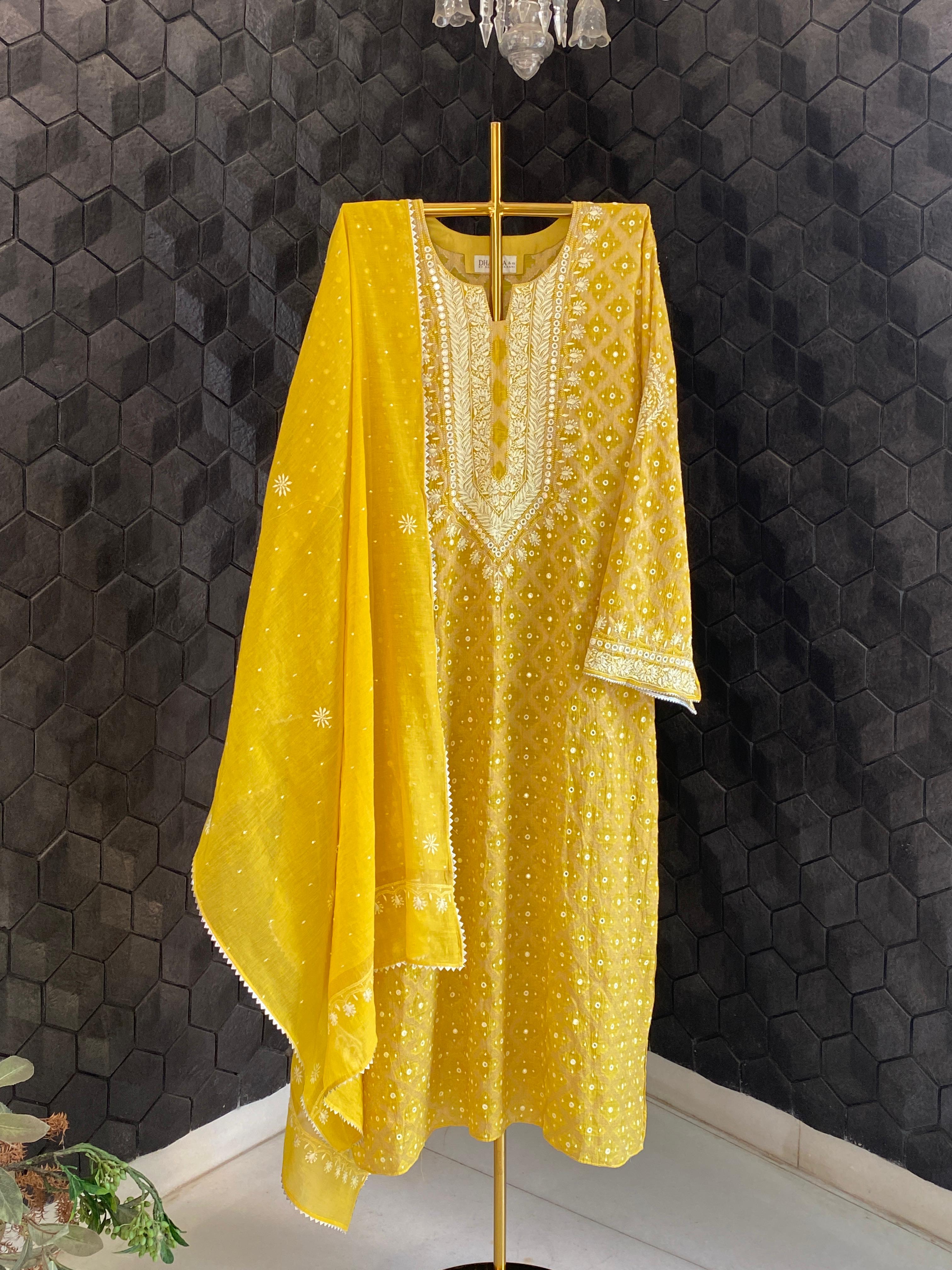 Yellow Golden Tissue Chikankari Kurta Set