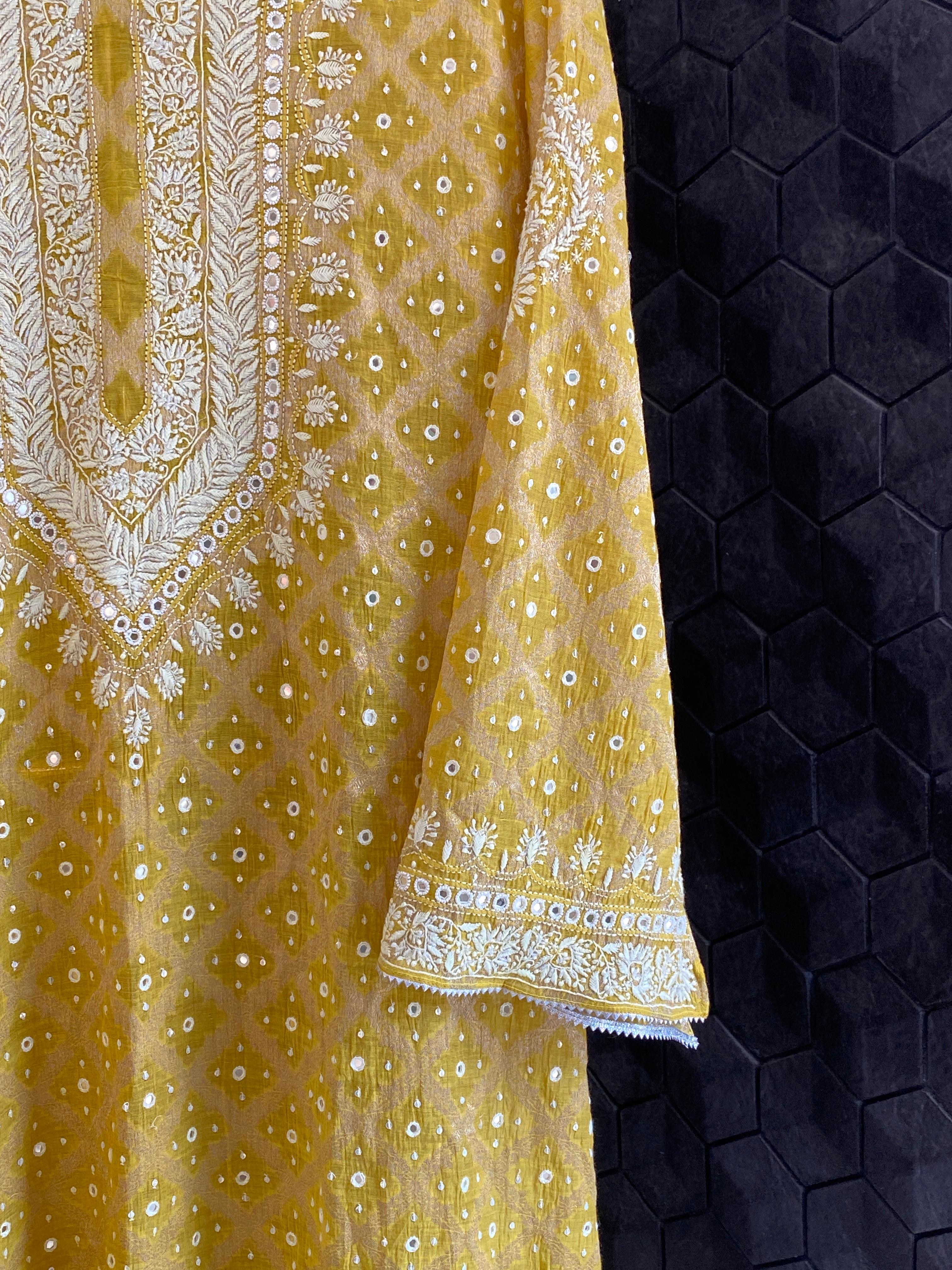 Yellow Golden Tissue Chikankari Kurta Set