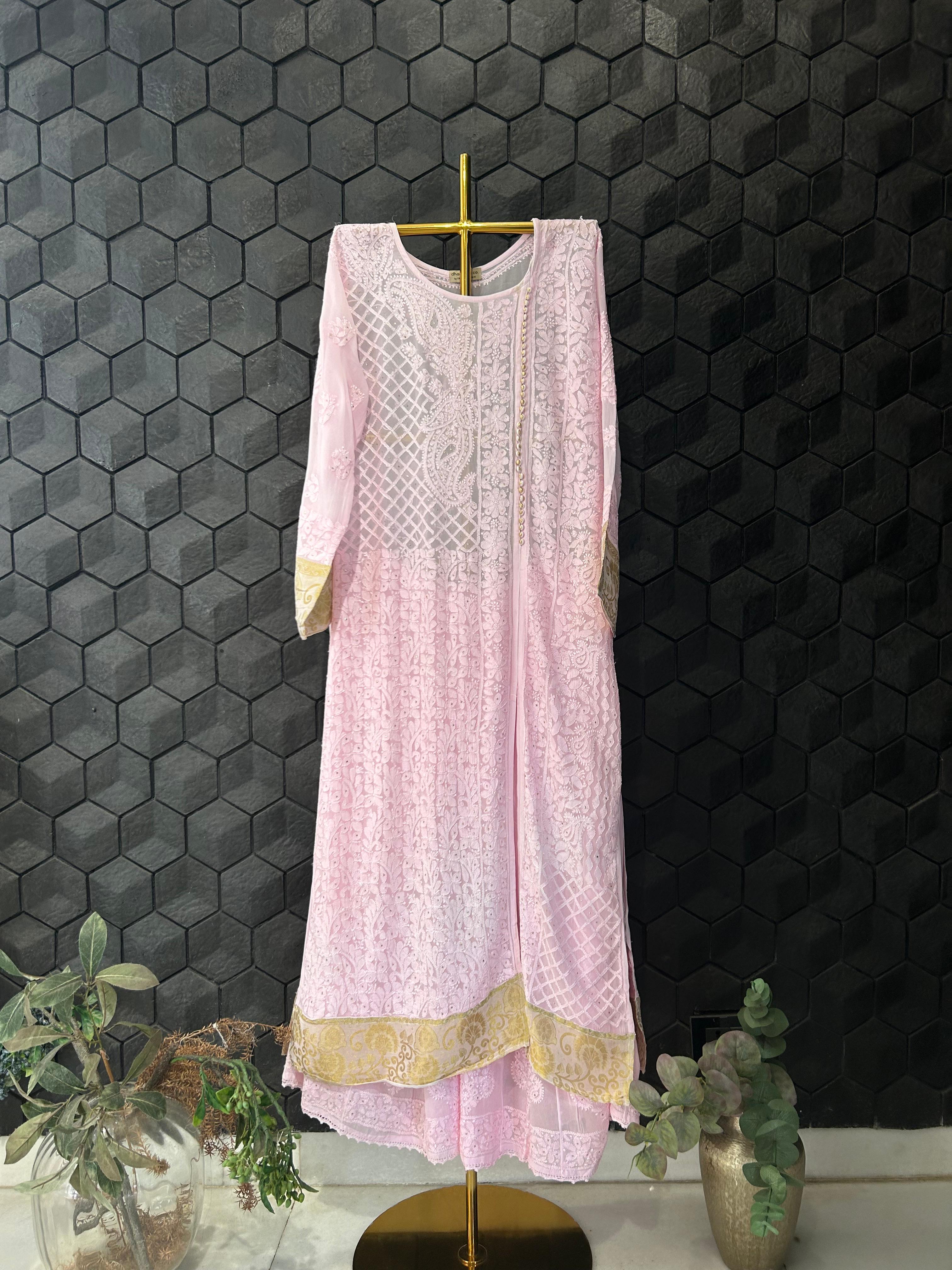 Pink Viscose chikankari sharara set