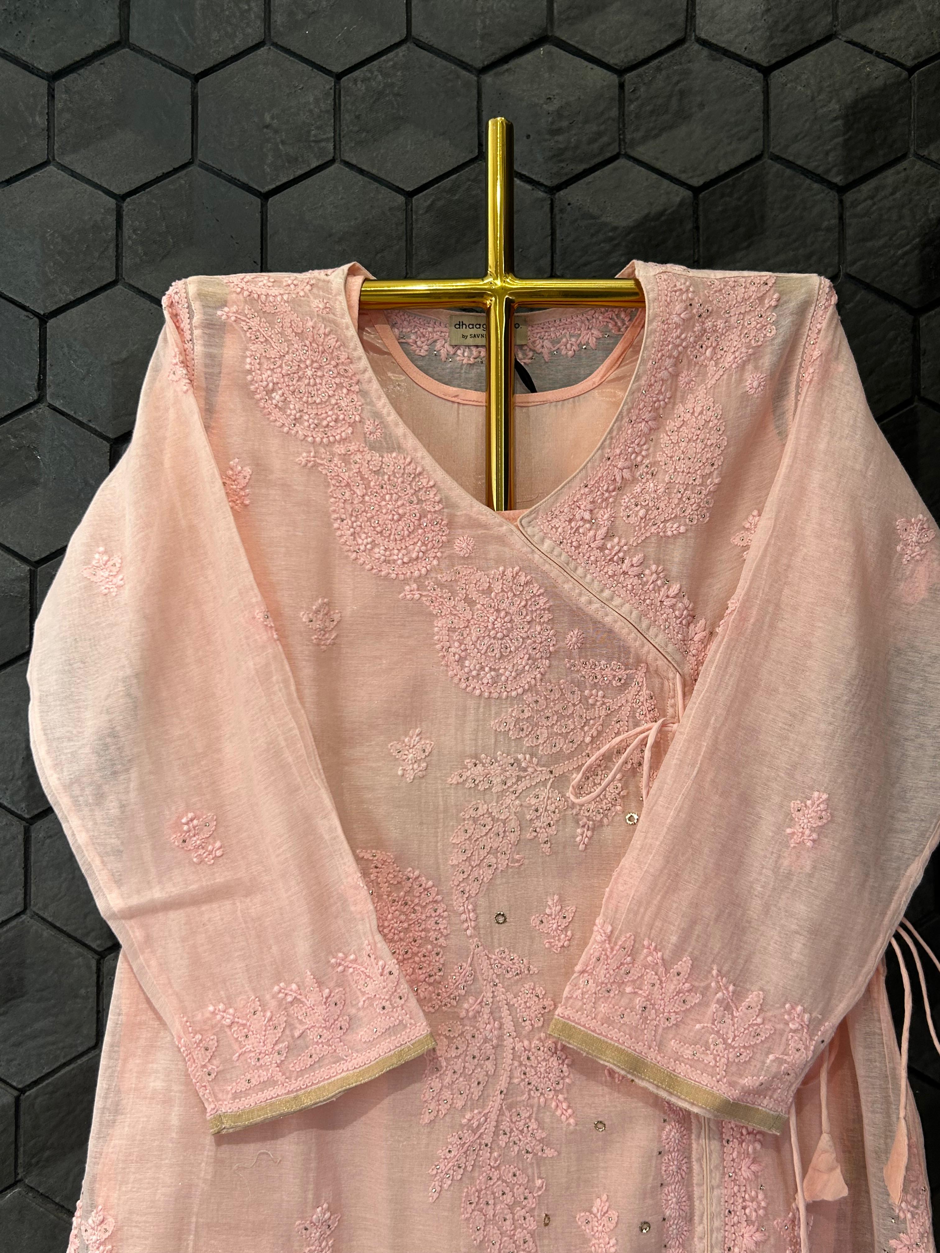 Pink chanderi chikankari angarkha kurta set