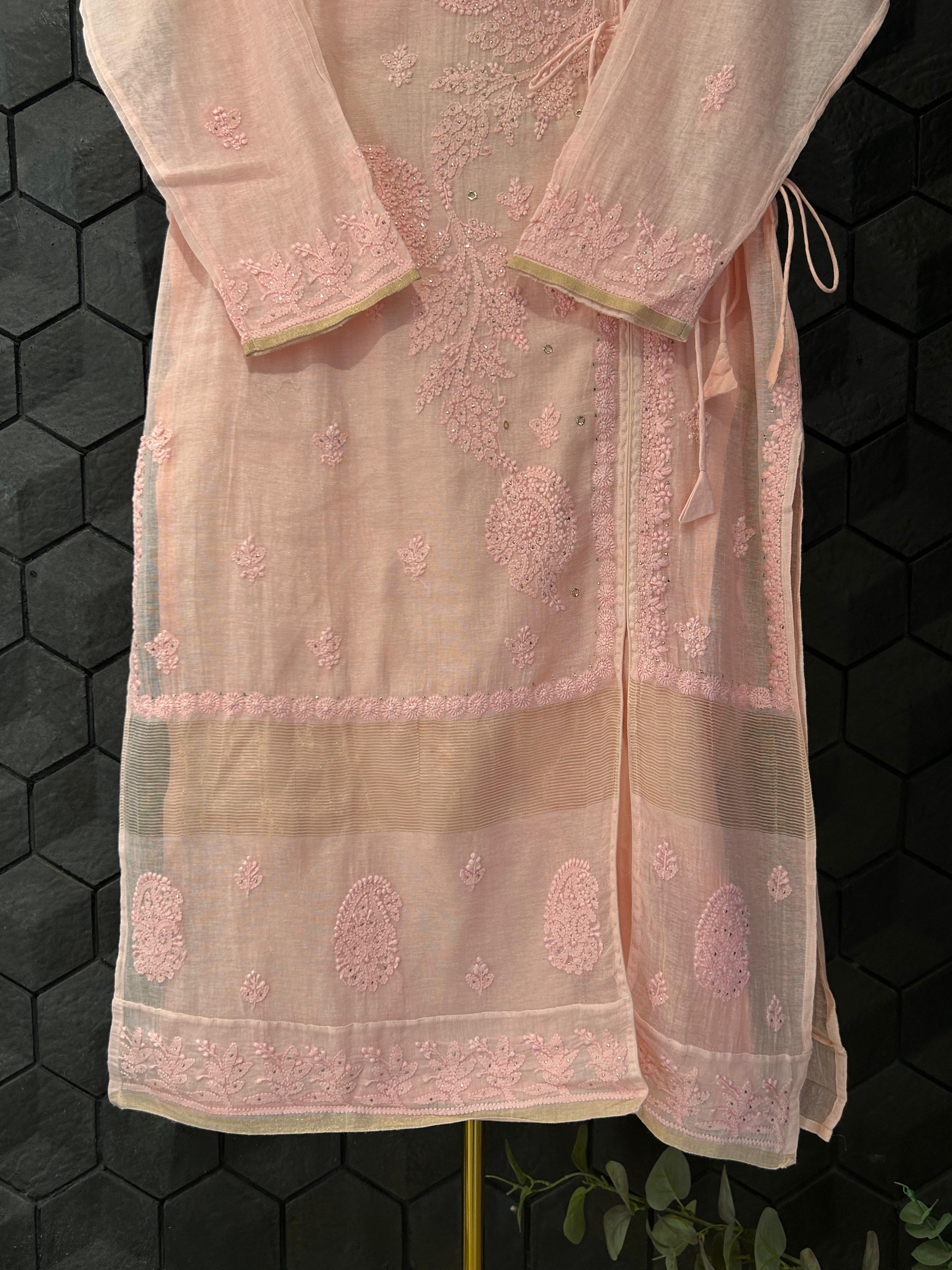 Pink chanderi chikankari angarkha kurta set