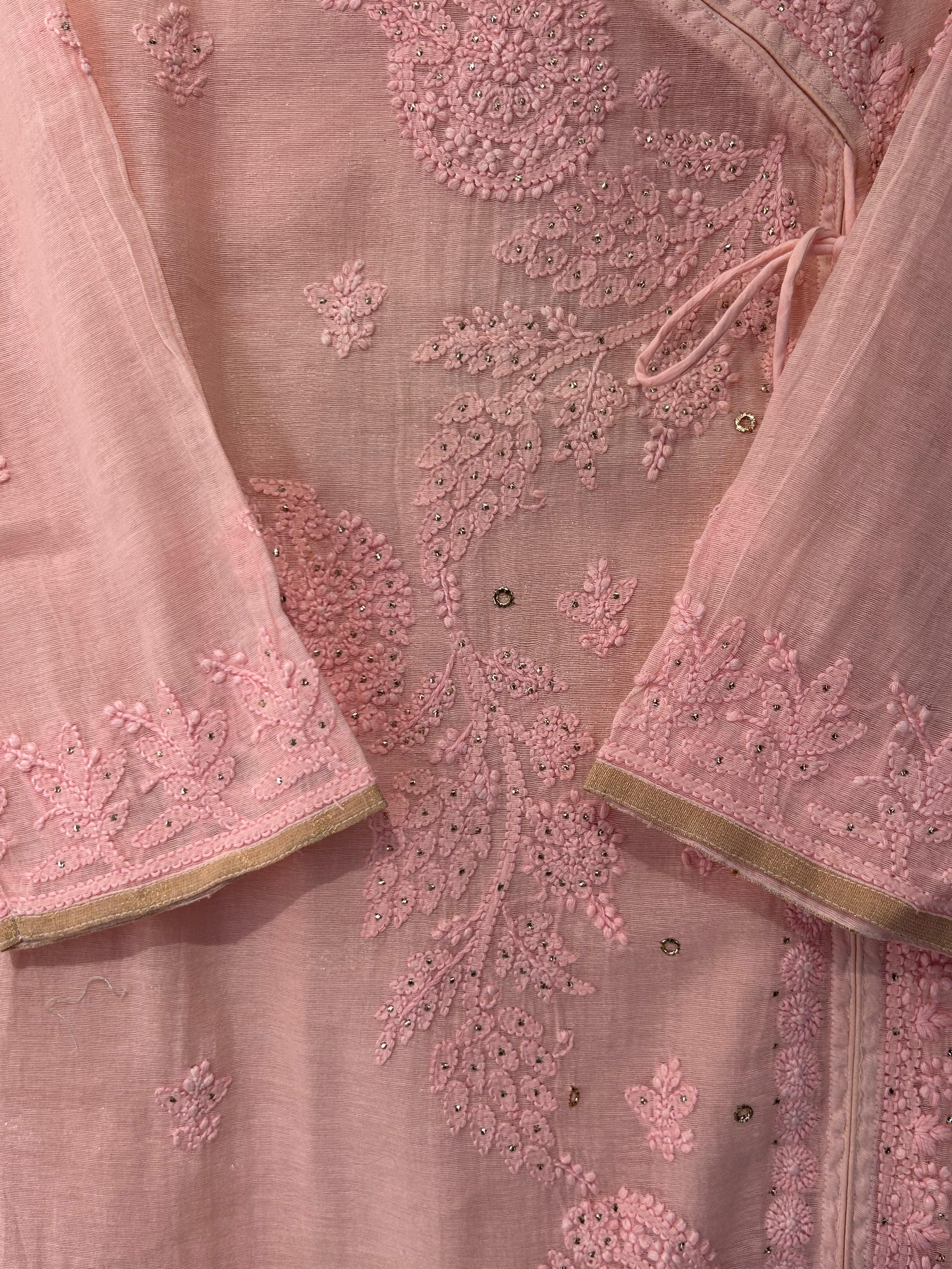 Pink chanderi chikankari angarkha kurta set
