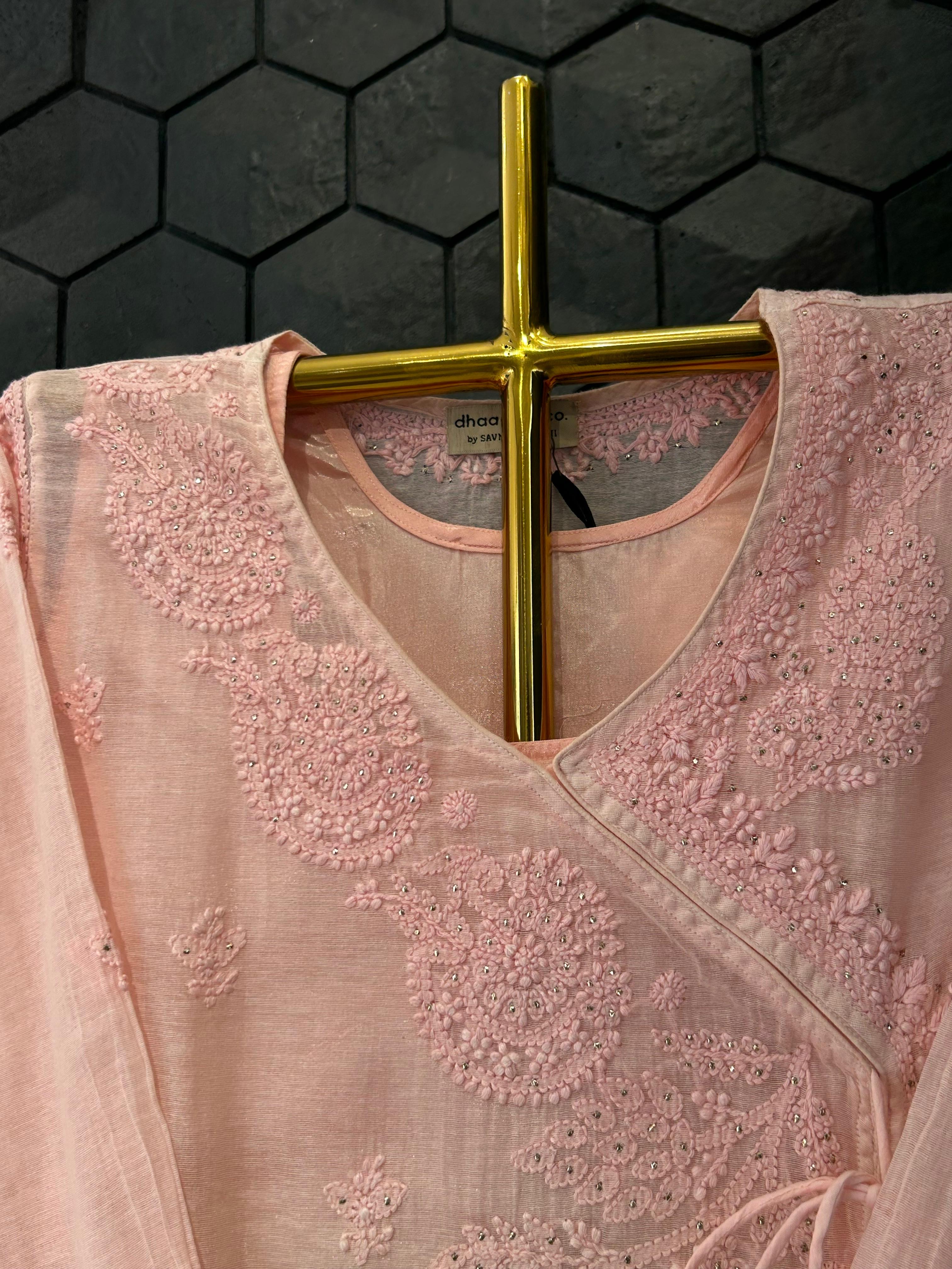 Pink chanderi chikankari angarkha kurta set