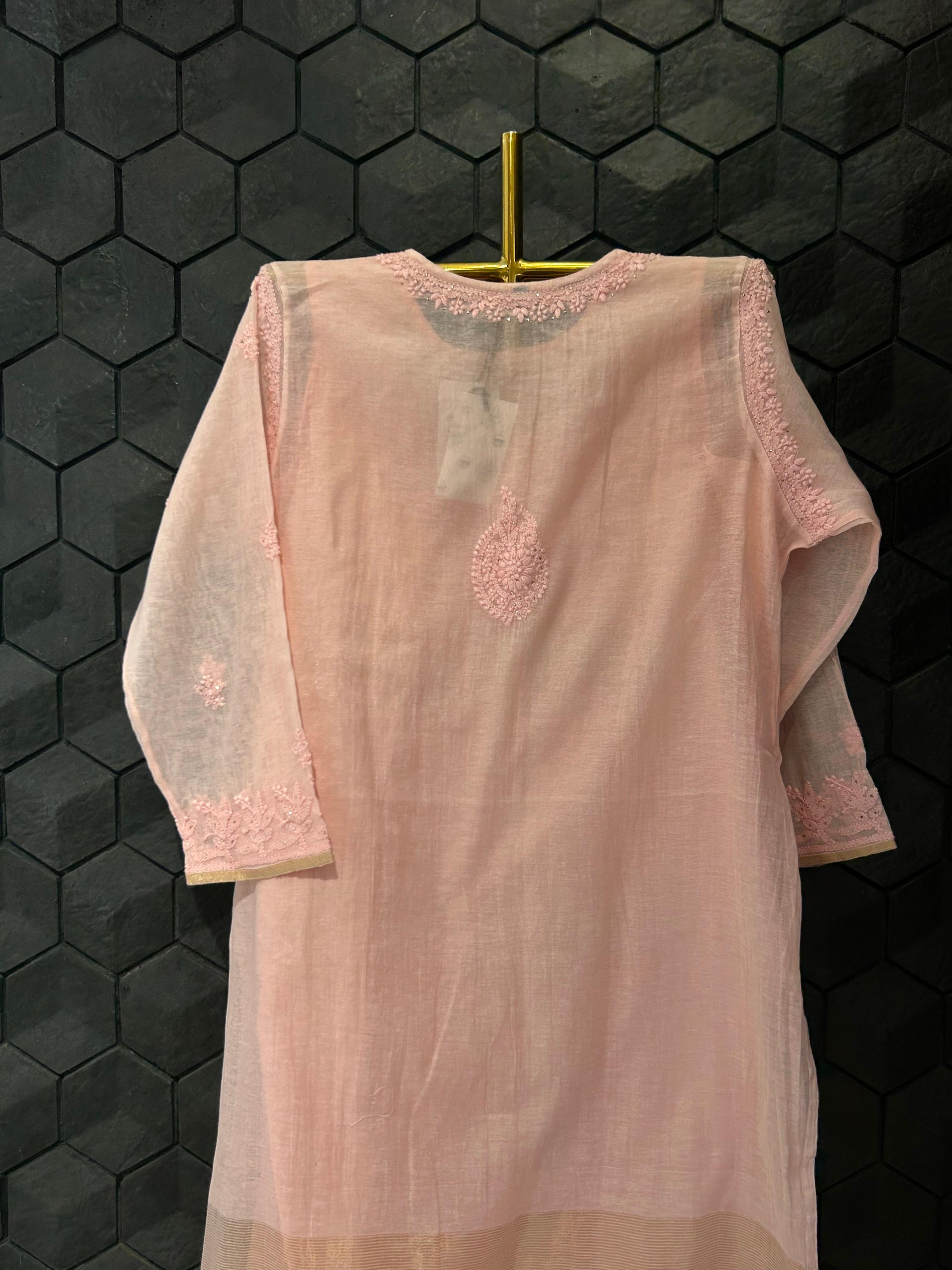 Pink chanderi chikankari angarkha kurta set