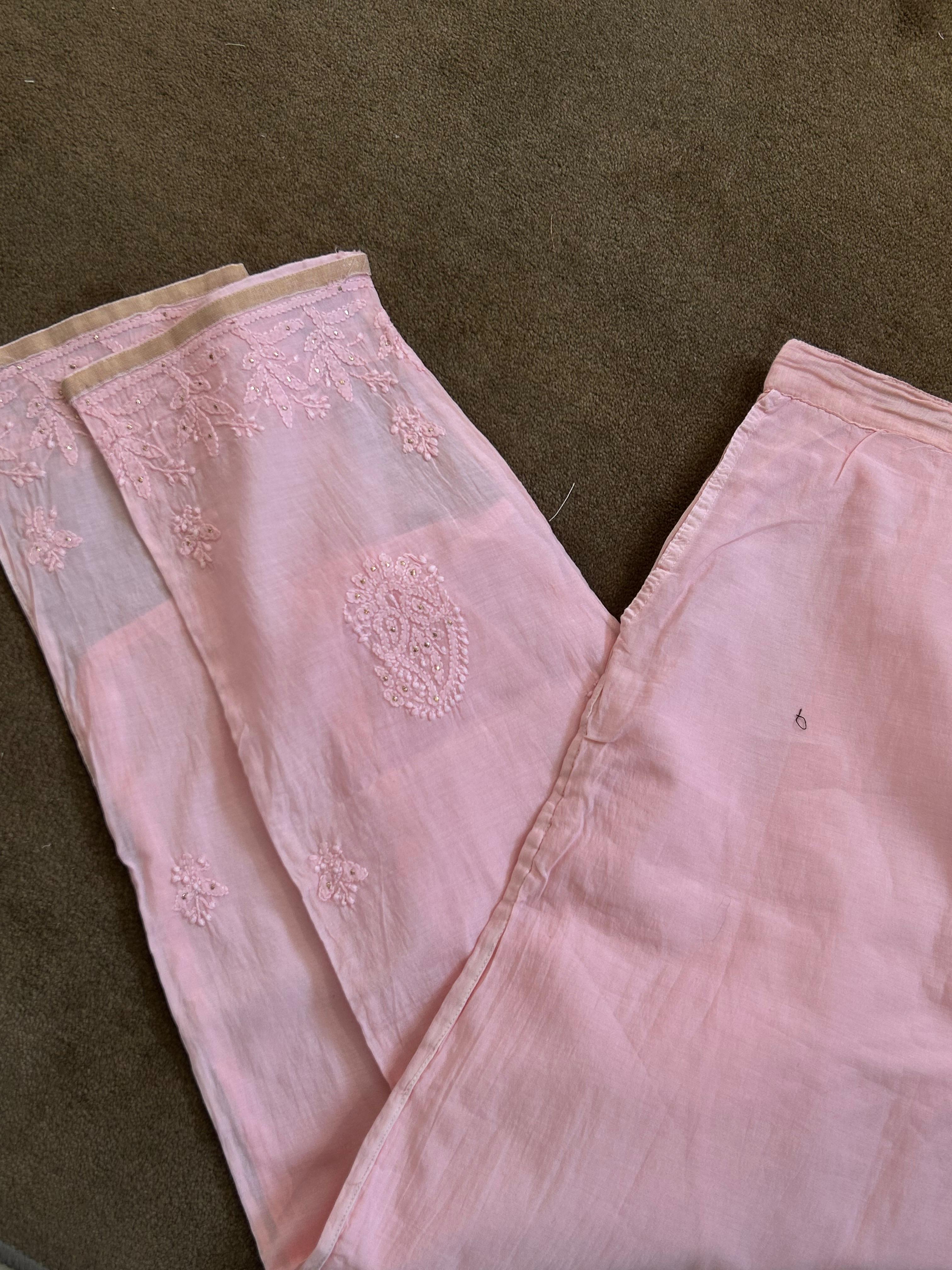 Pink chanderi chikankari angarkha kurta set