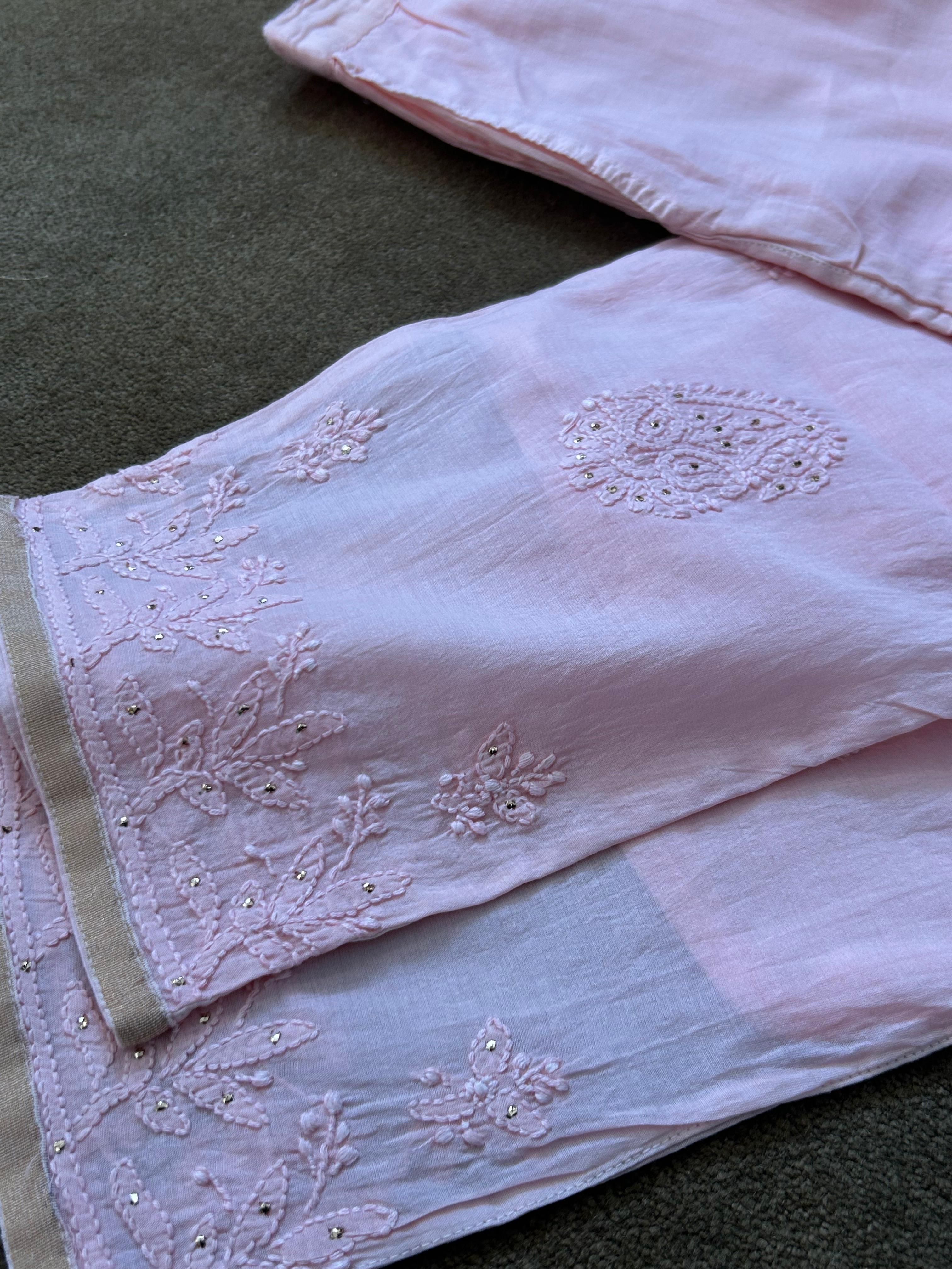 Pink chanderi chikankari angarkha kurta set