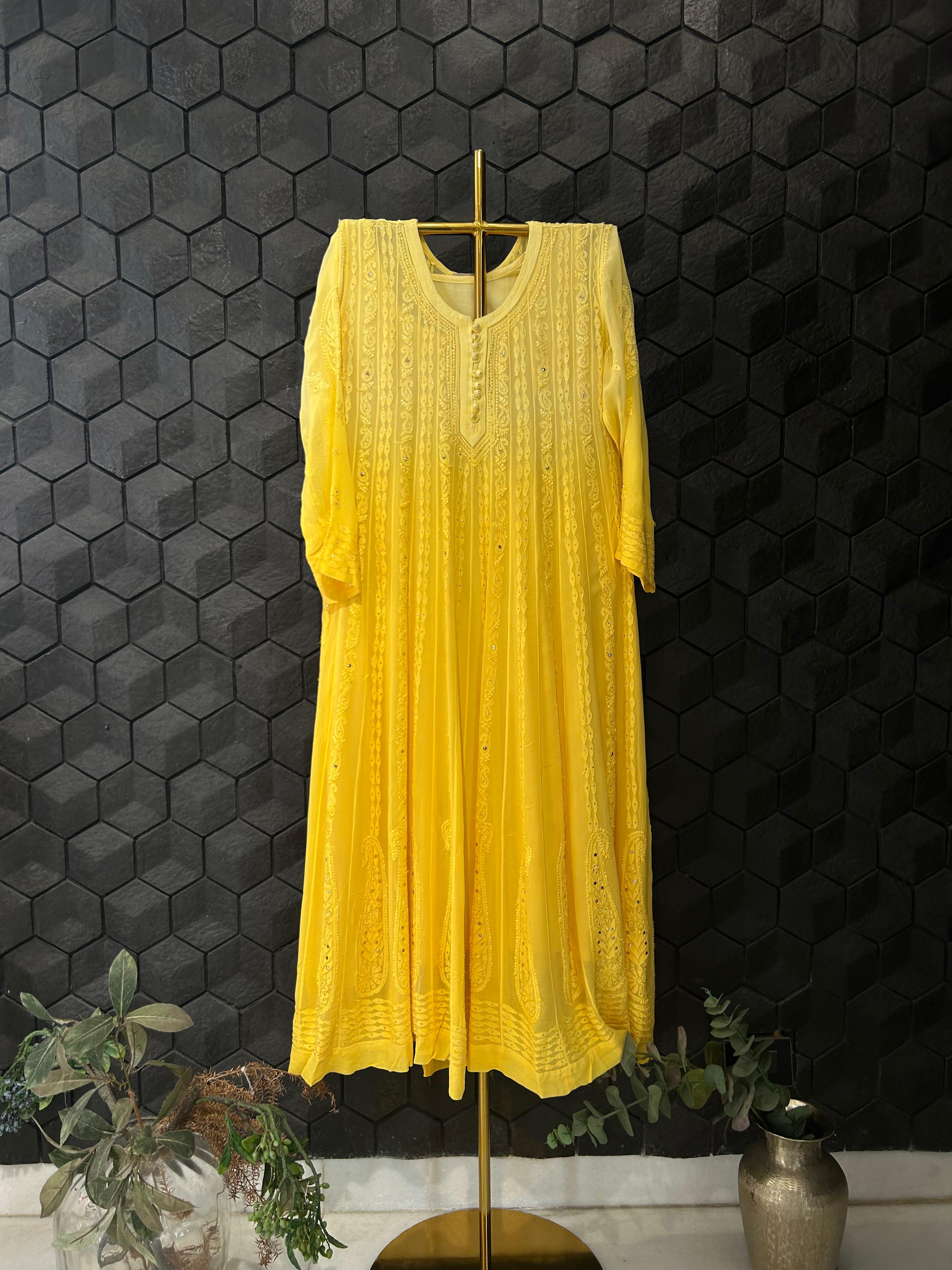 Yellow viscose chikankari anarkali
