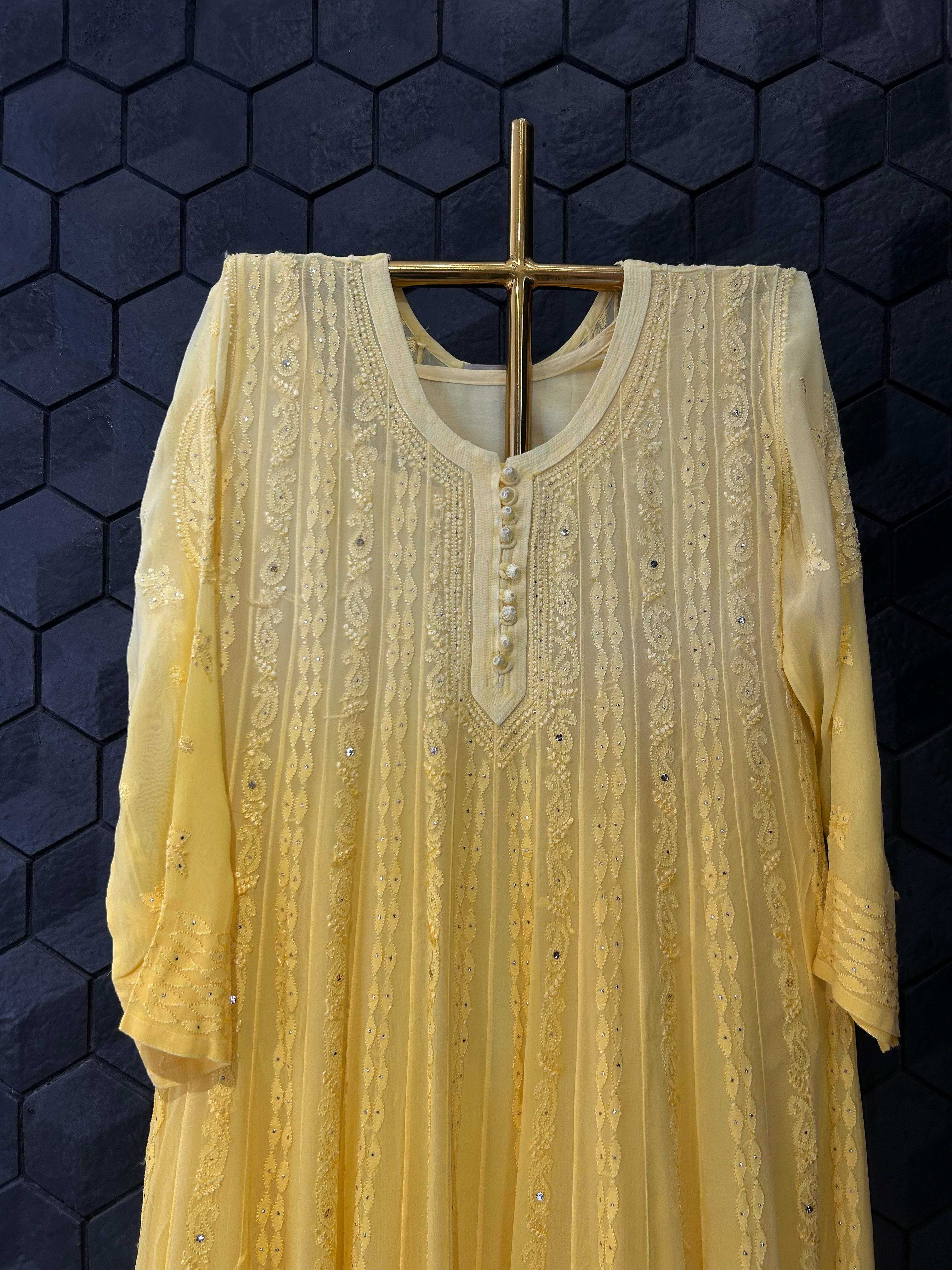 Yellow viscose chikankari anarkali