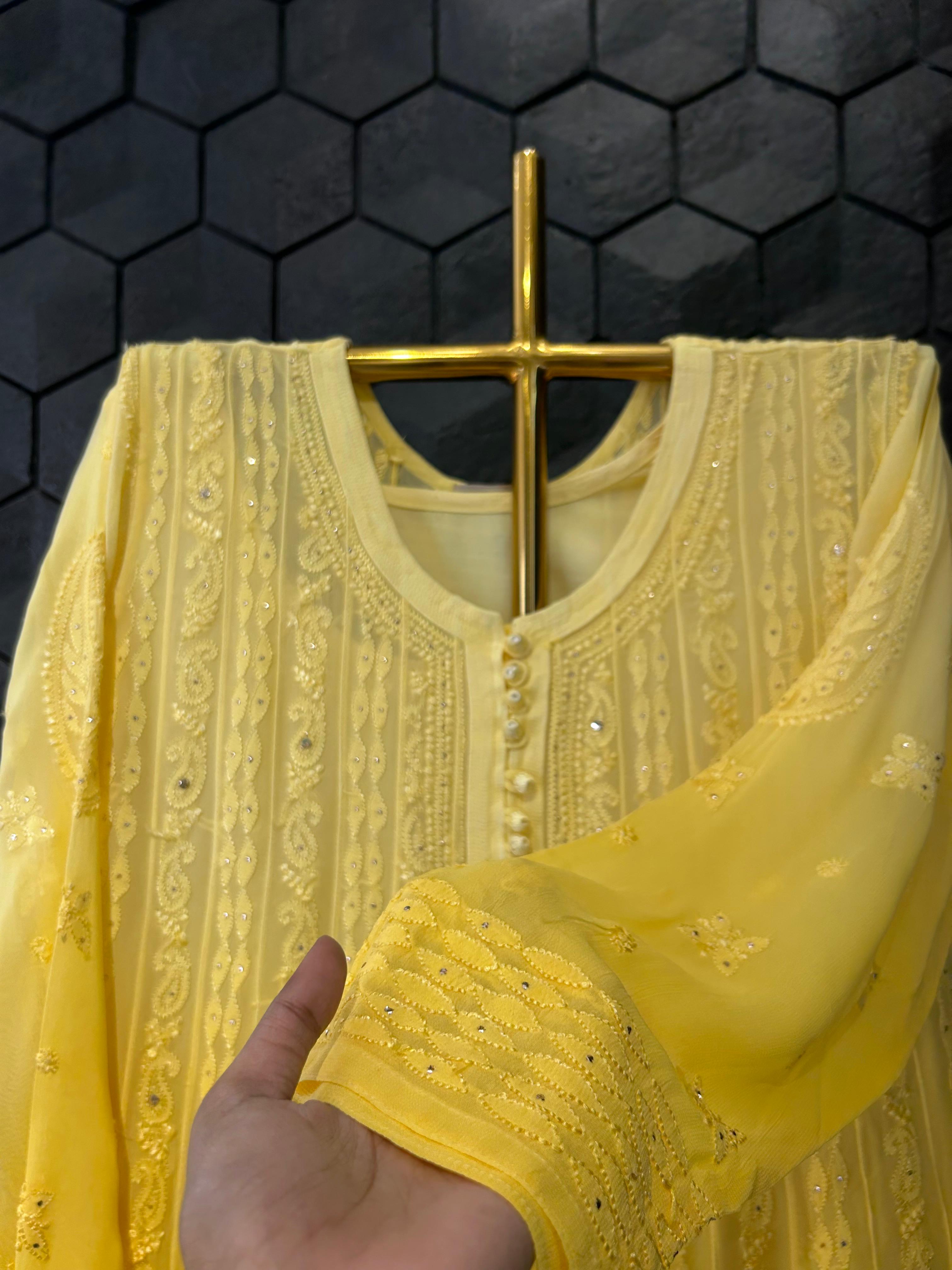 Yellow viscose chikankari anarkali