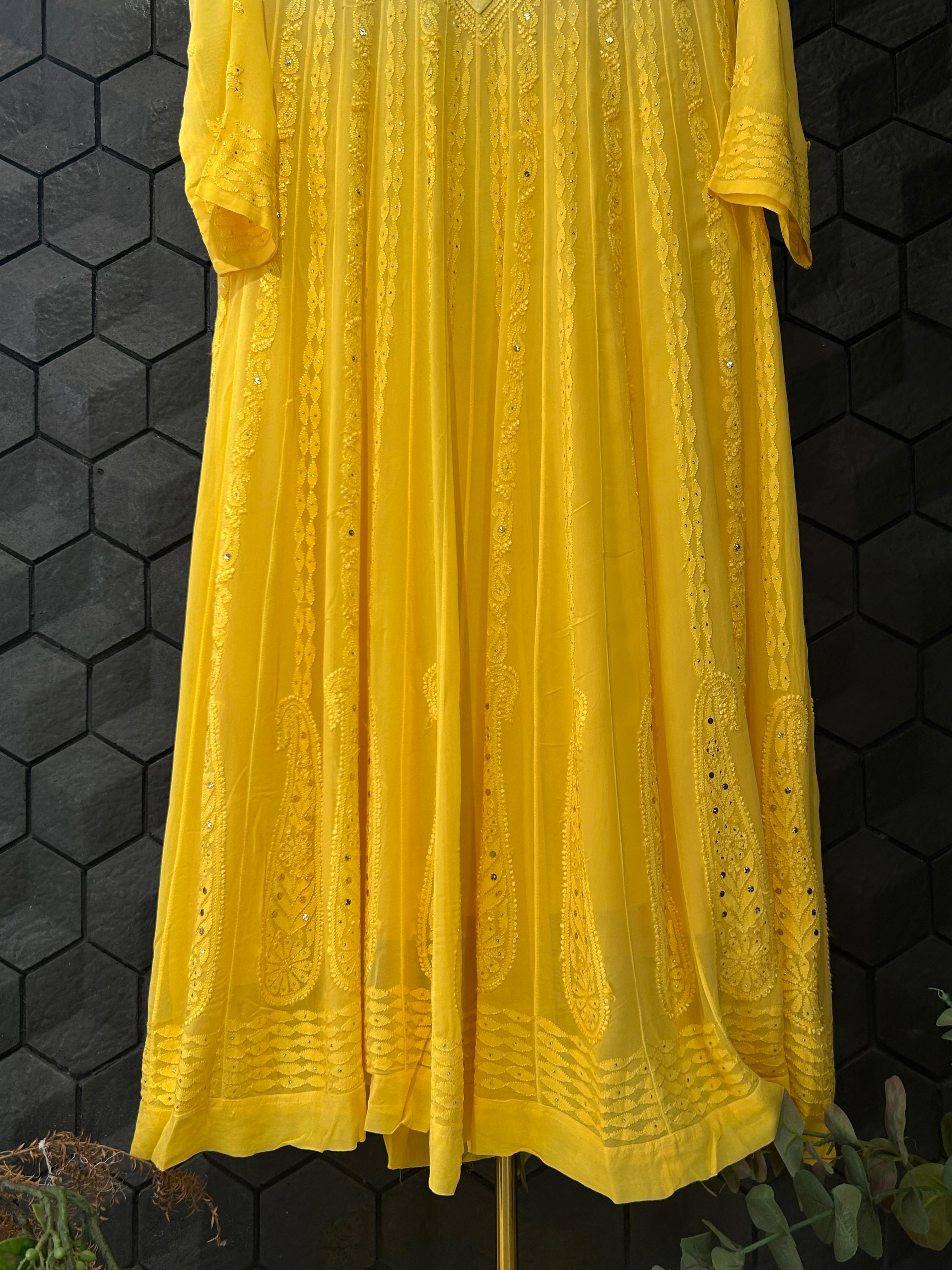 Yellow viscose chikankari anarkali