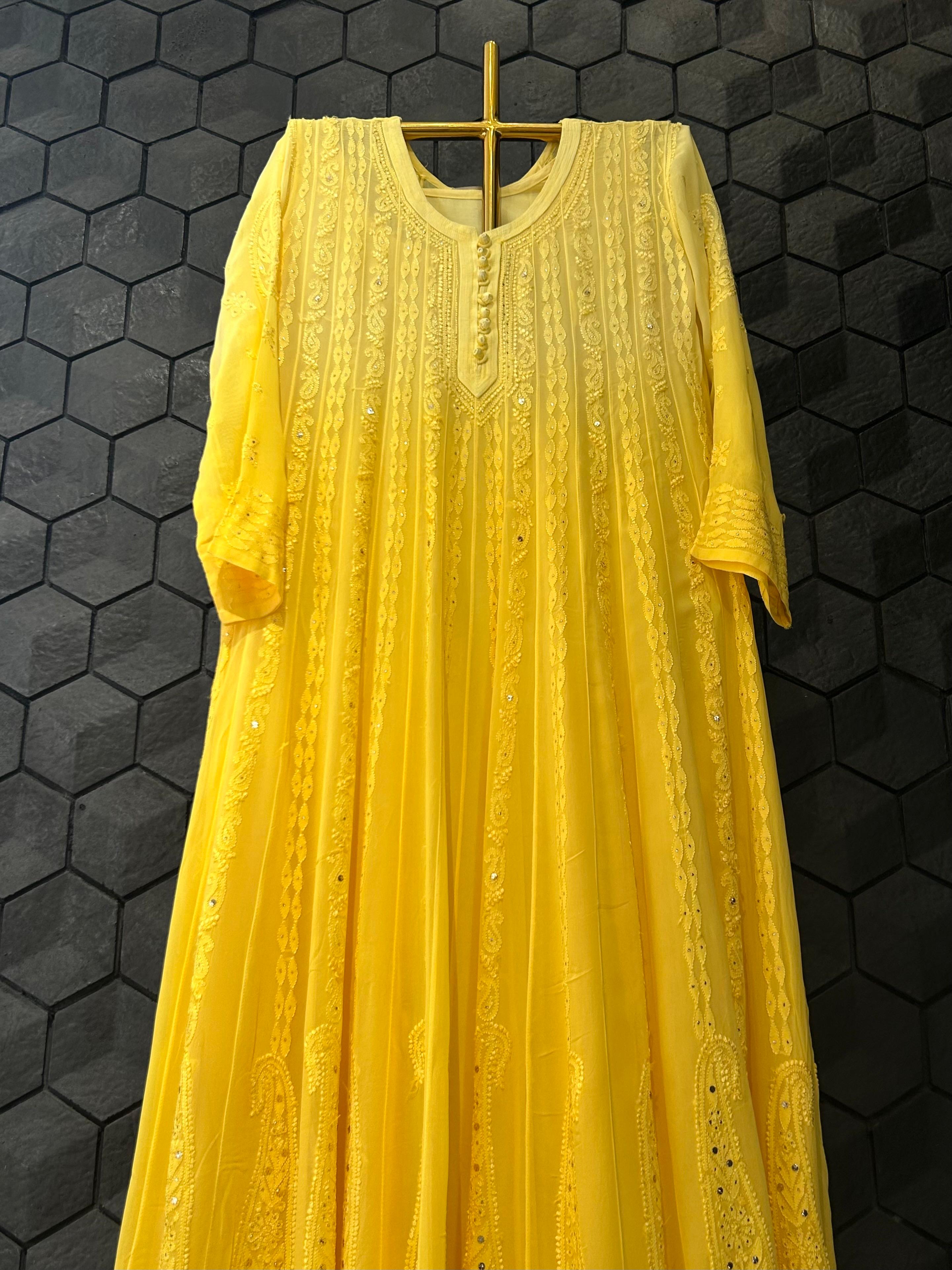 Yellow viscose chikankari anarkali