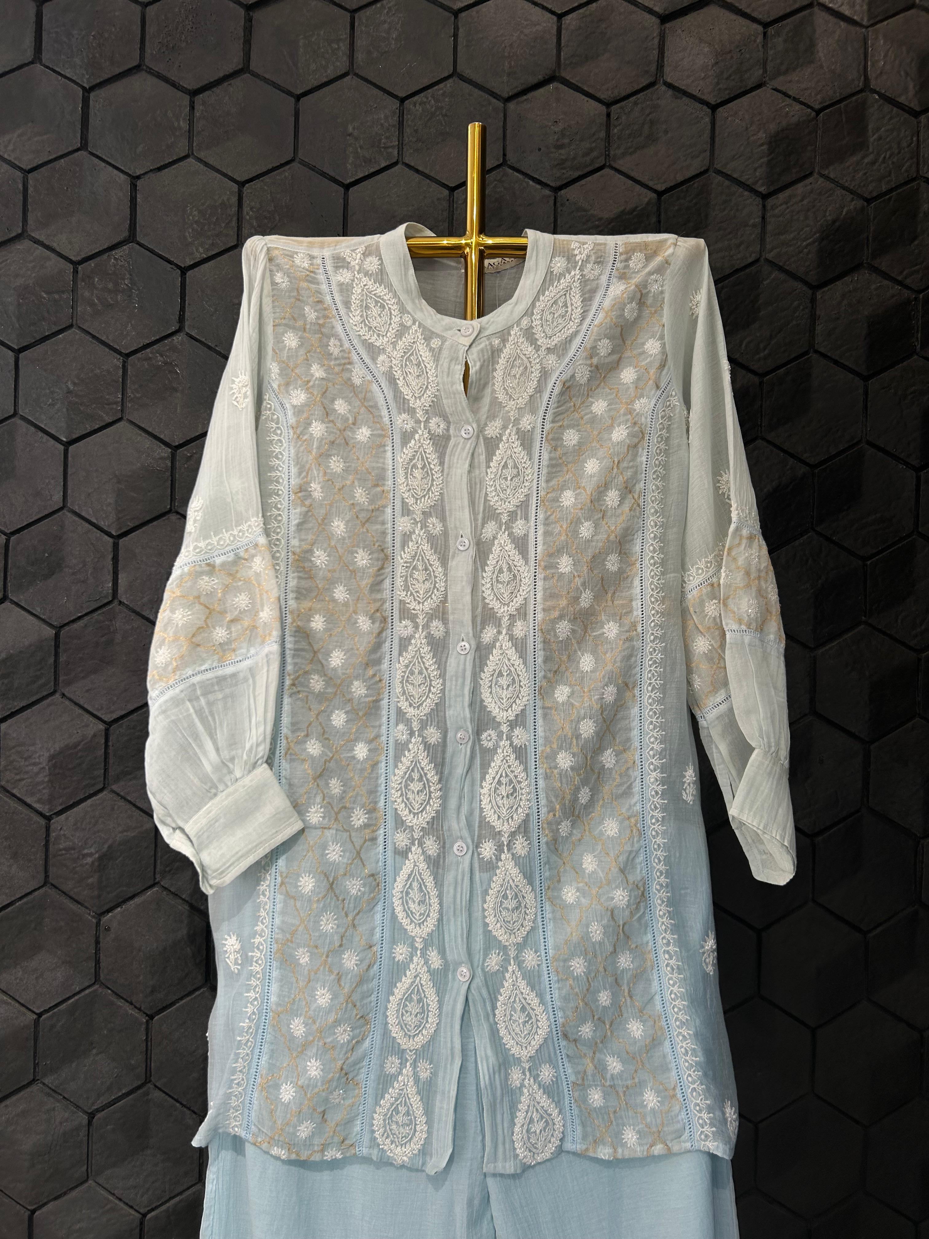 Sky blue mul chanderi chikankari co-ord set