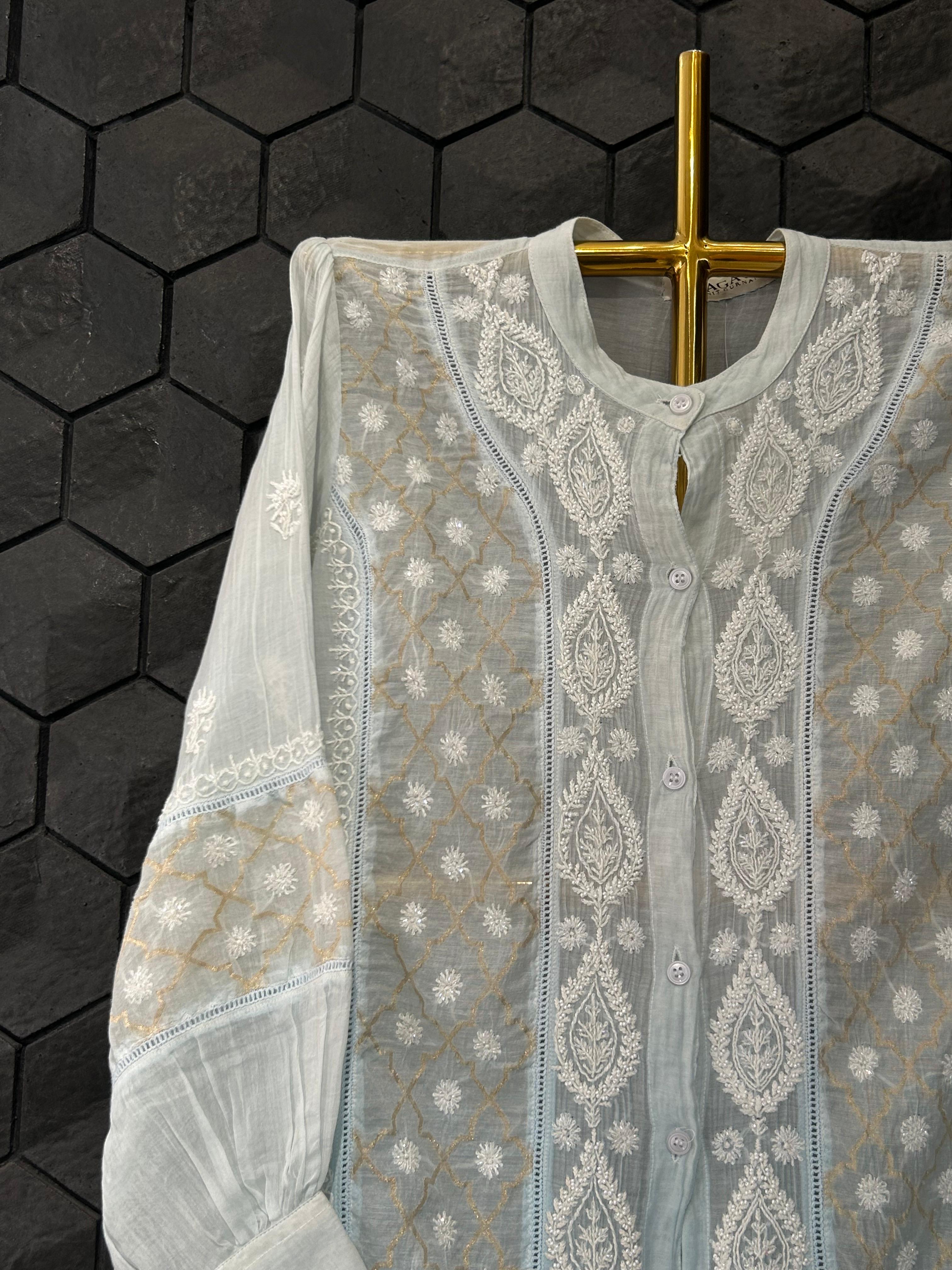 Sky blue mul chanderi chikankari co-ord set