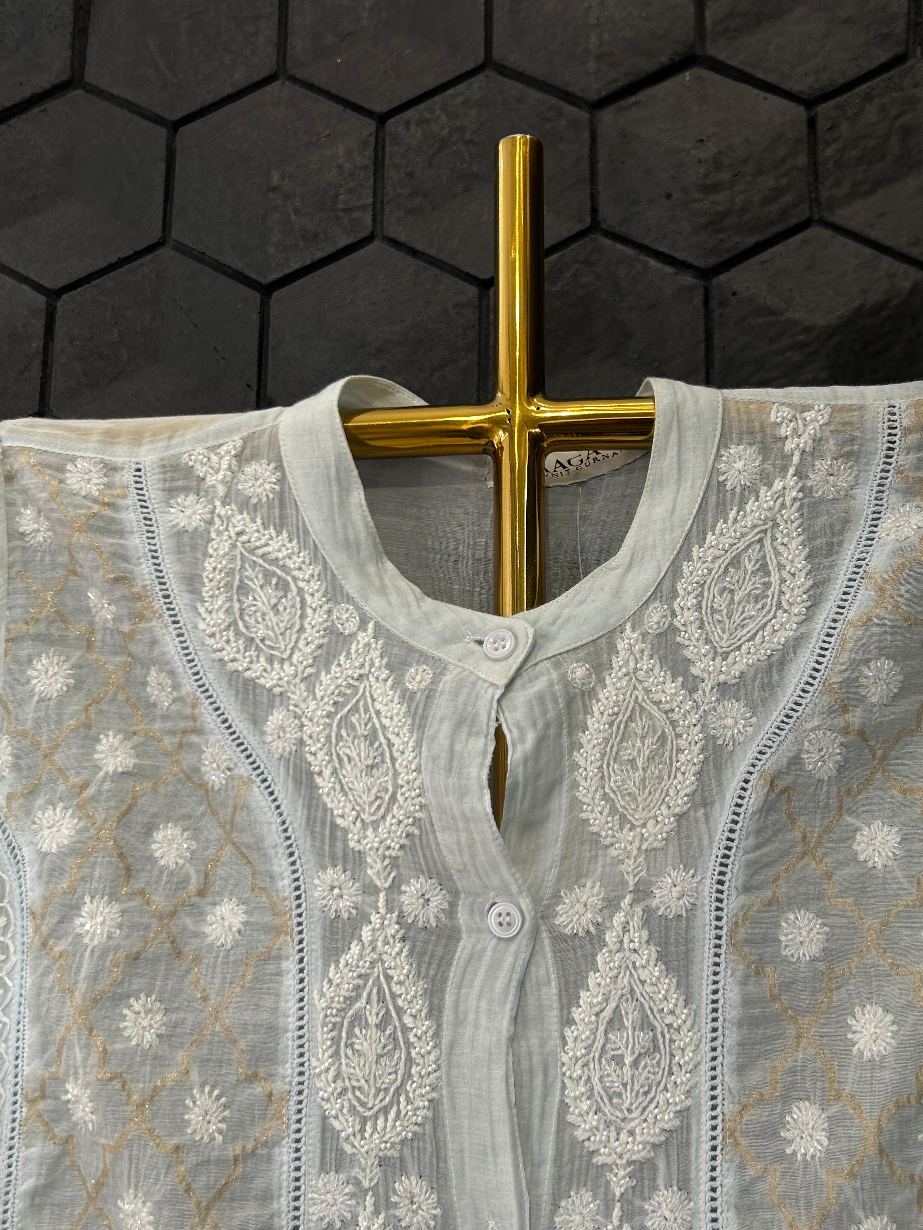 Sky blue mul chanderi chikankari co-ord set