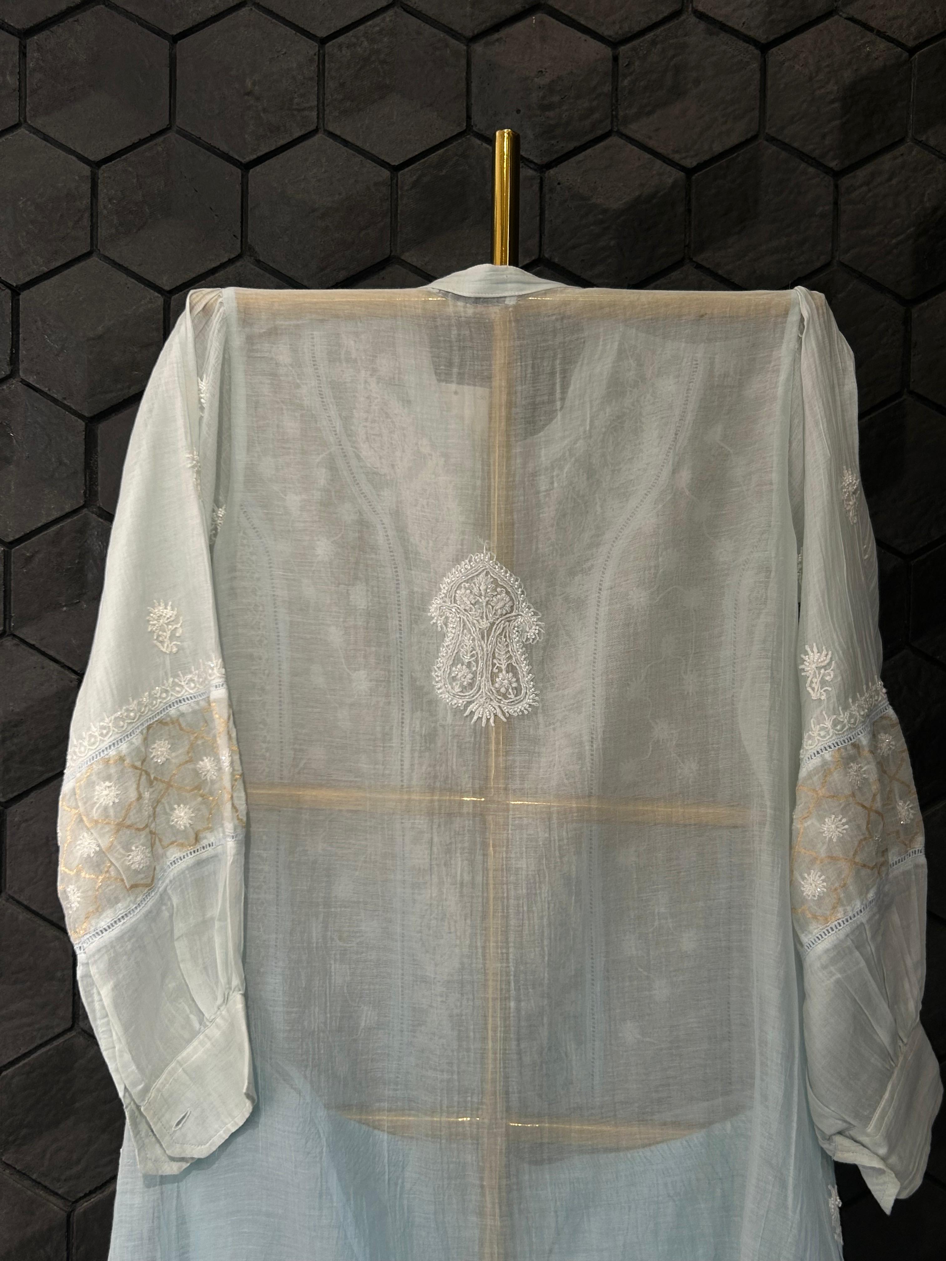 Sky blue mul chanderi chikankari co-ord set