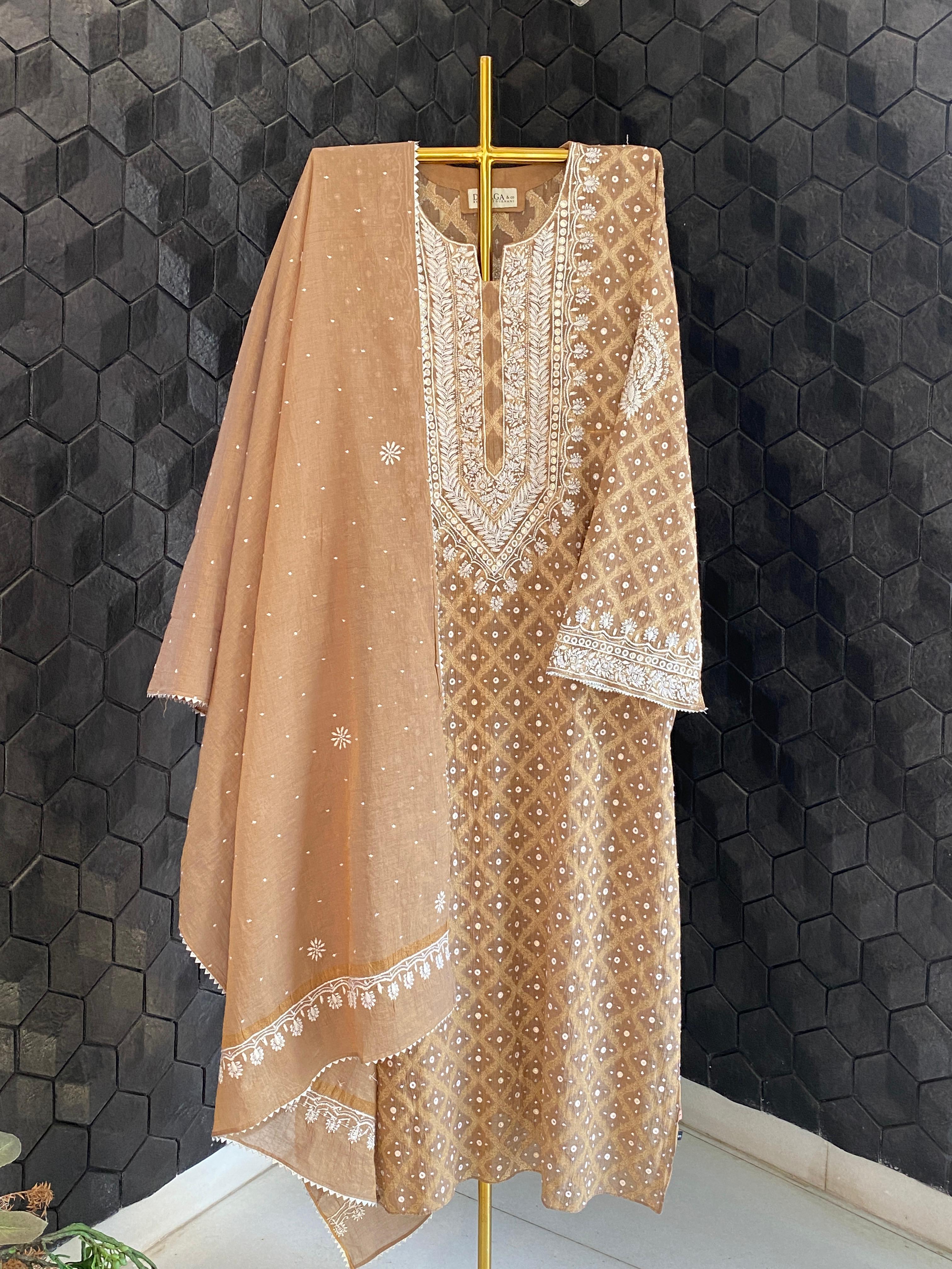 Brown golden tissue chikankari kurta set