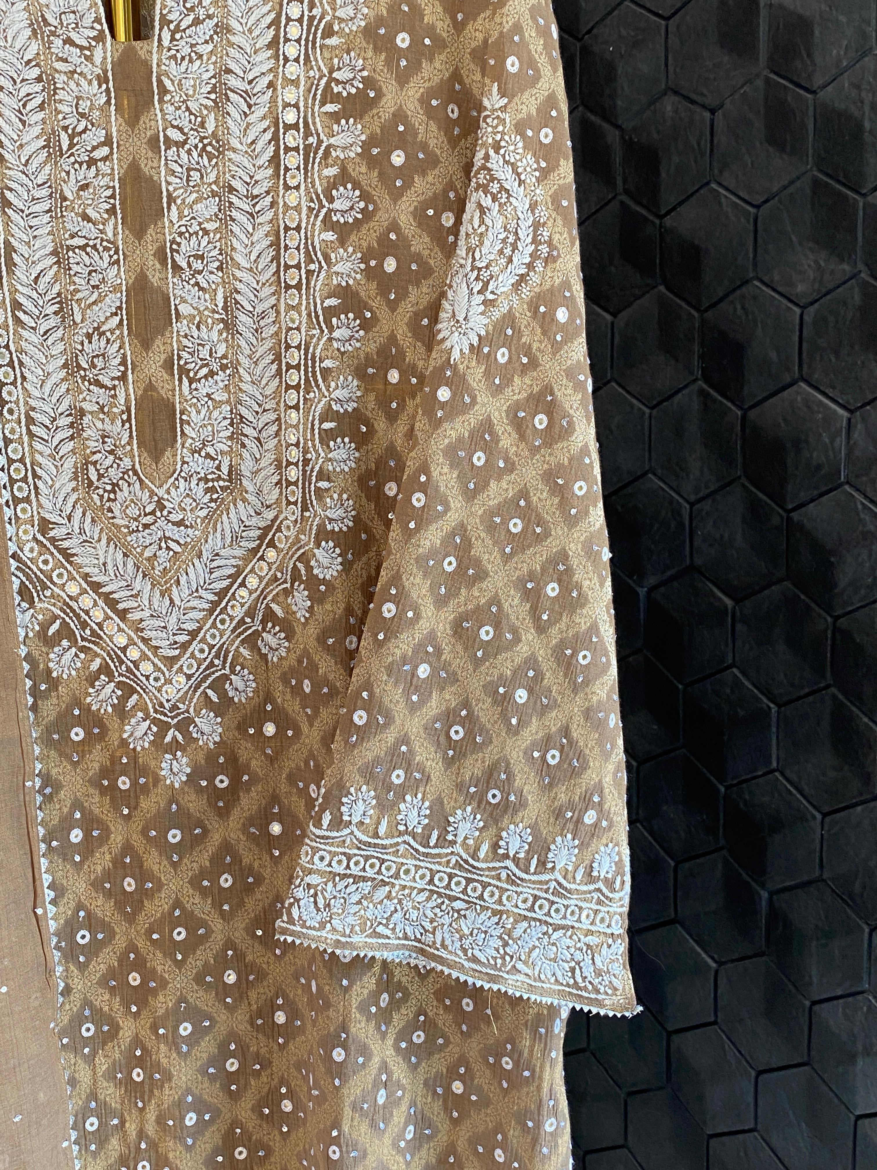 Brown golden tissue chikankari kurta set