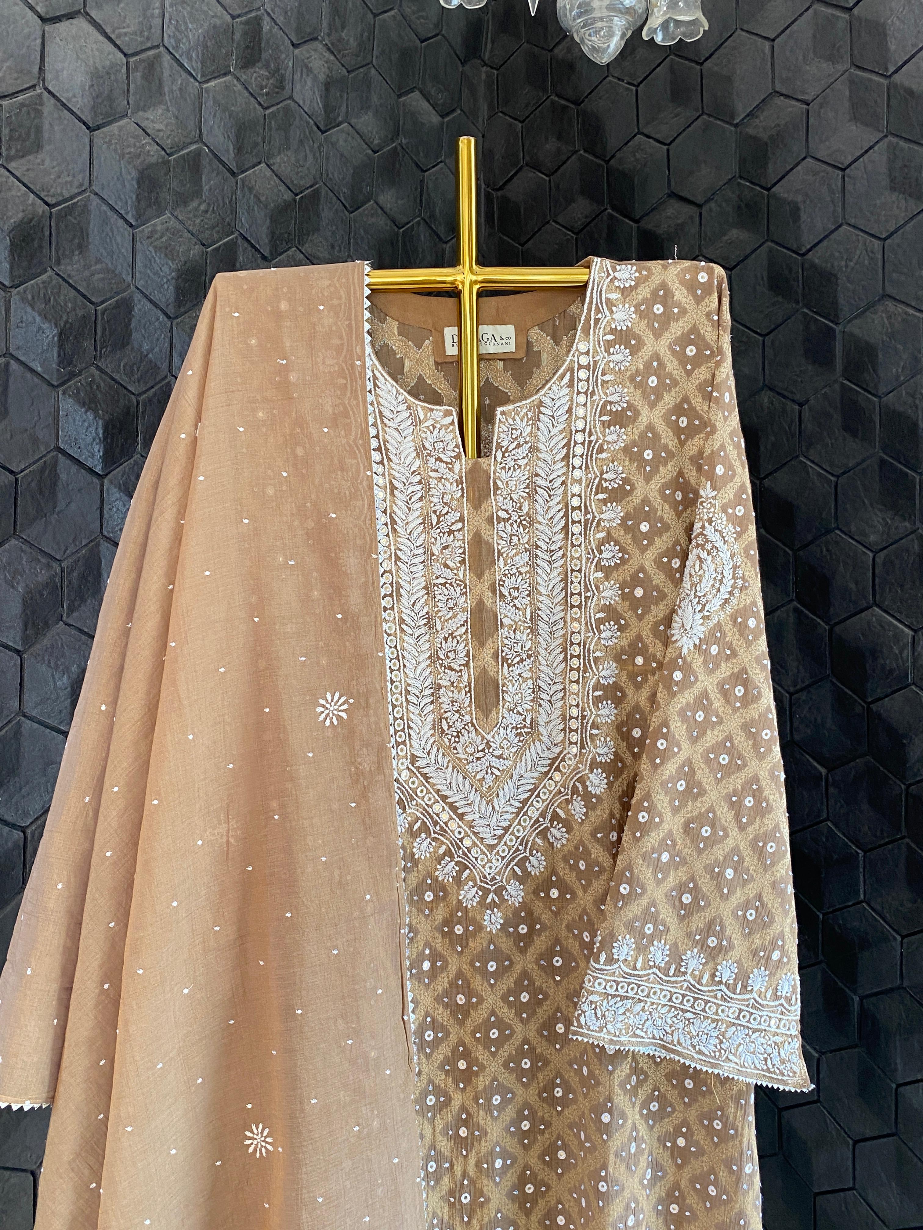 Brown golden tissue chikankari kurta set