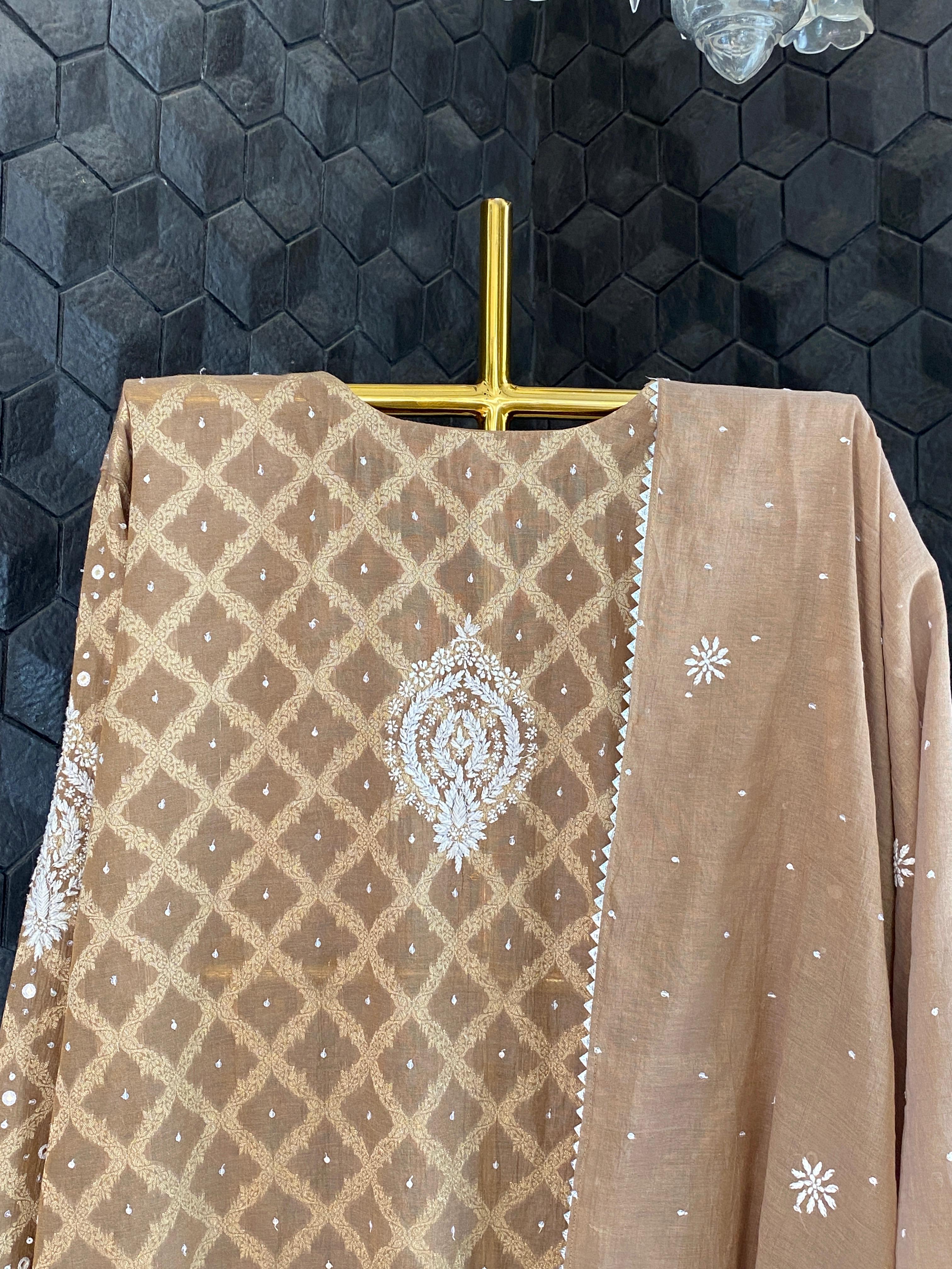 Brown golden tissue chikankari kurta set