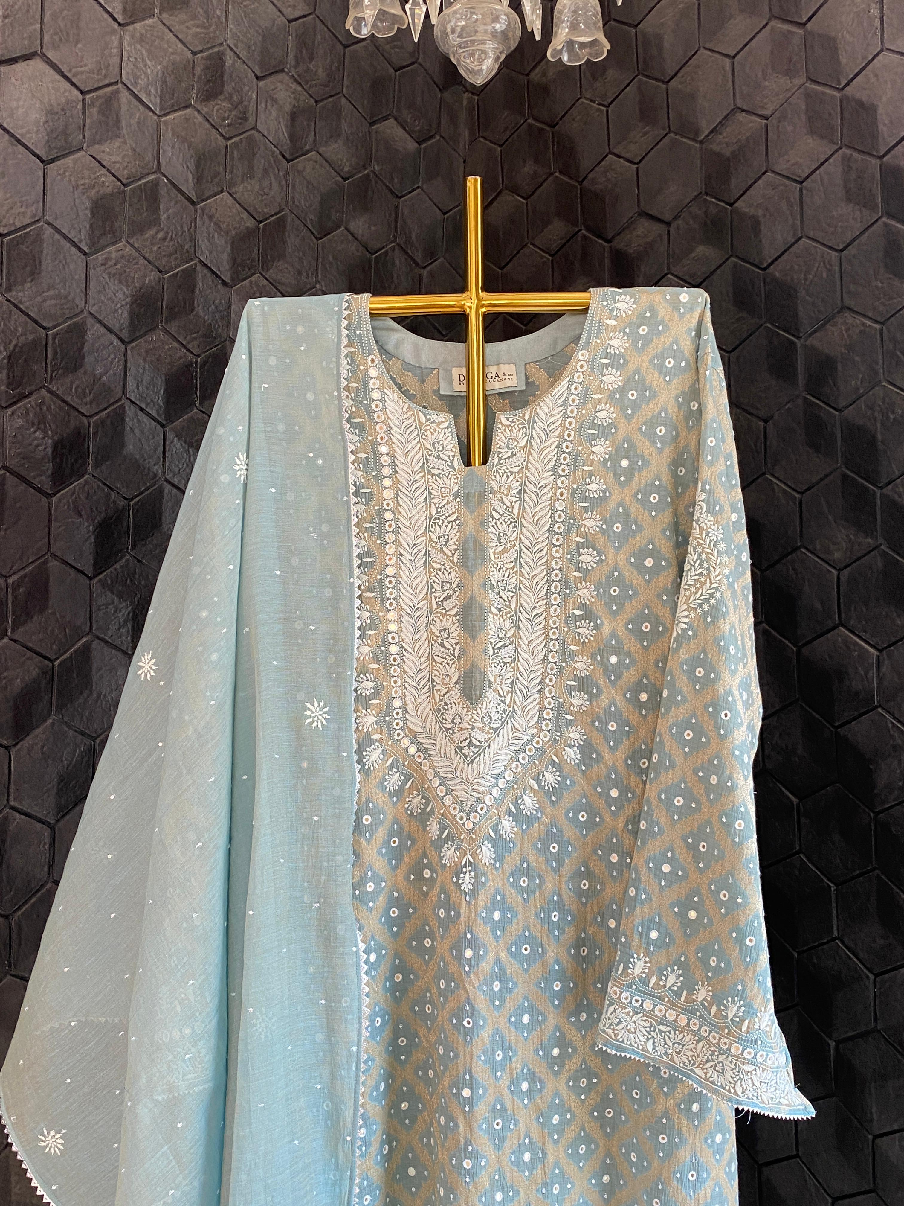 Blue golden tissue chikankari kurta set