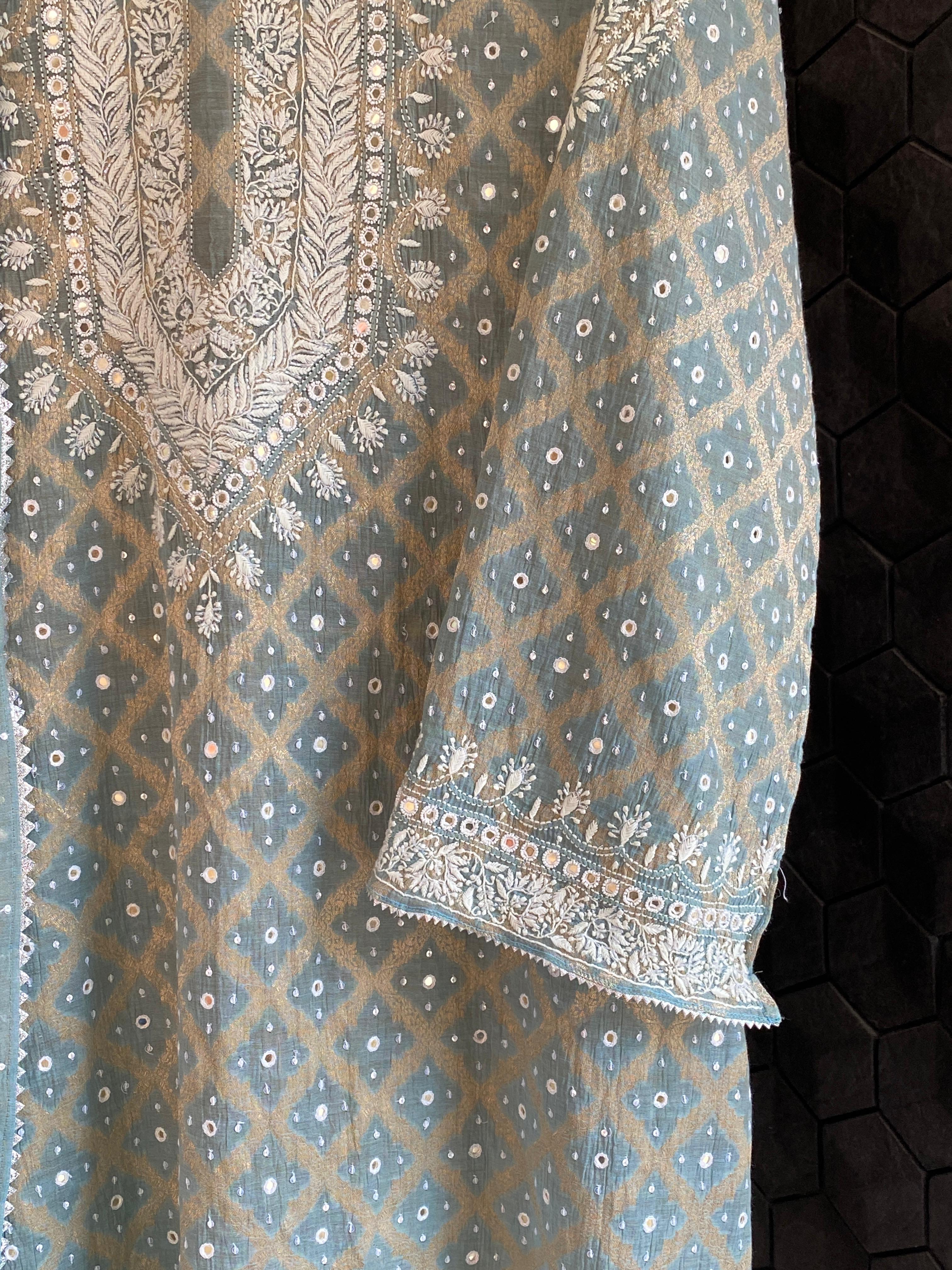 Blue golden tissue chikankari kurta set