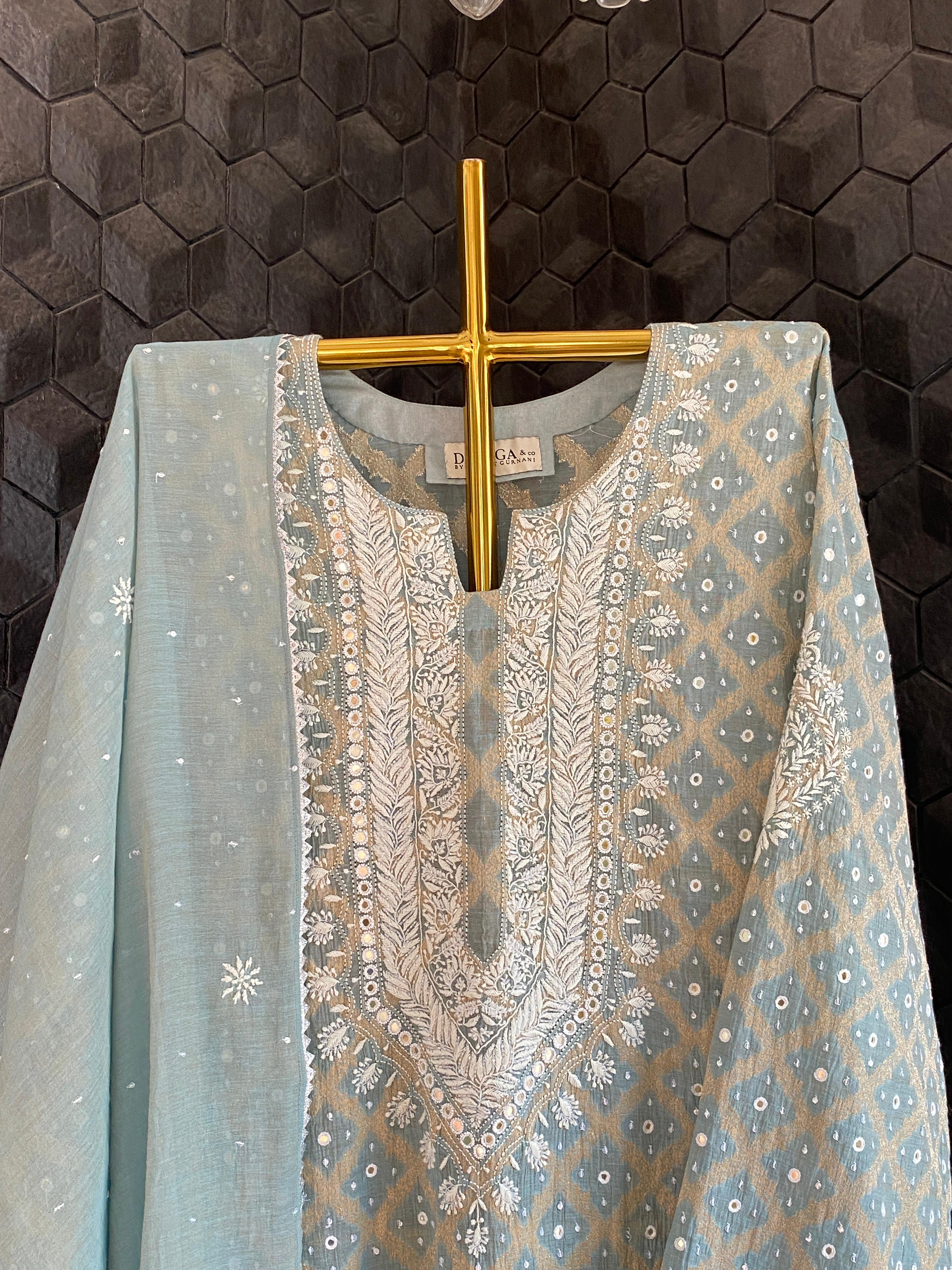 Blue golden tissue chikankari kurta set