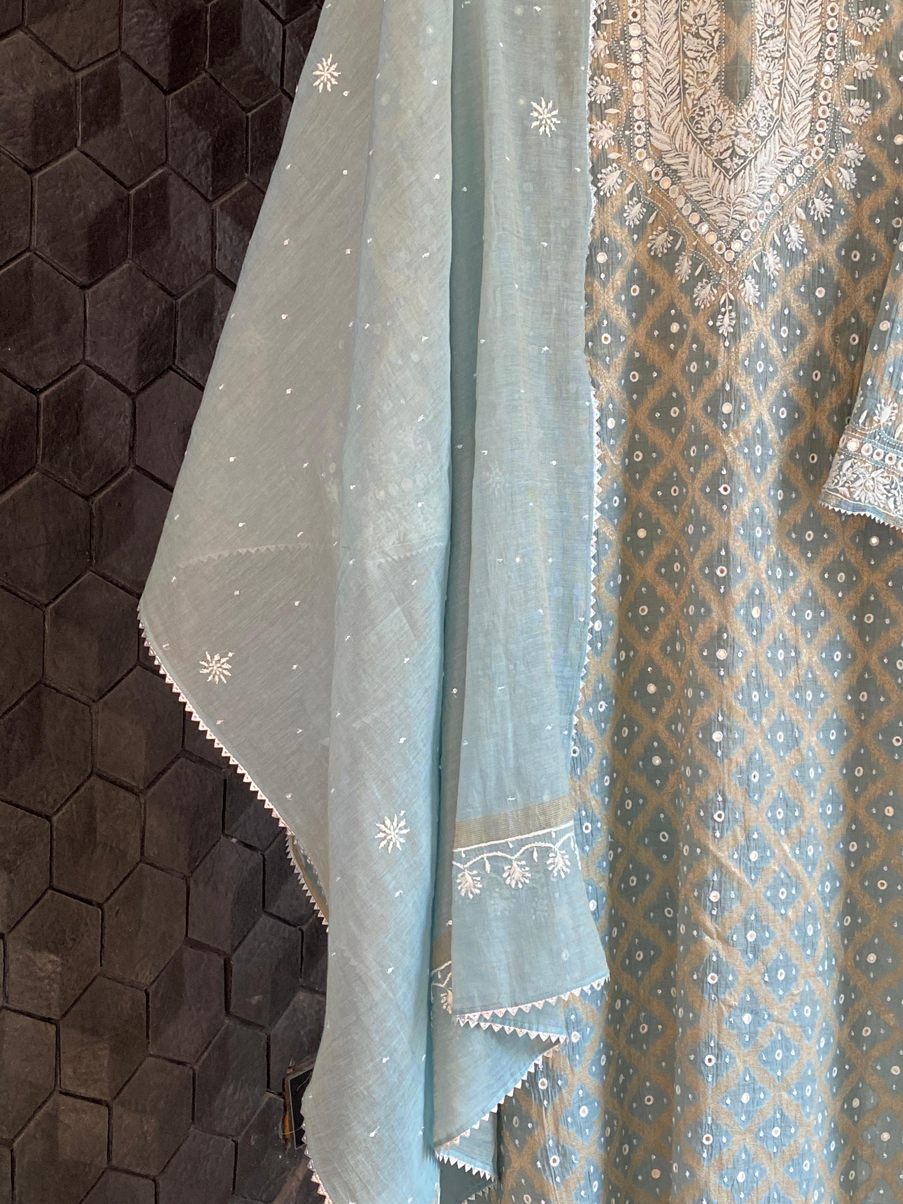 Blue golden tissue chikankari kurta set