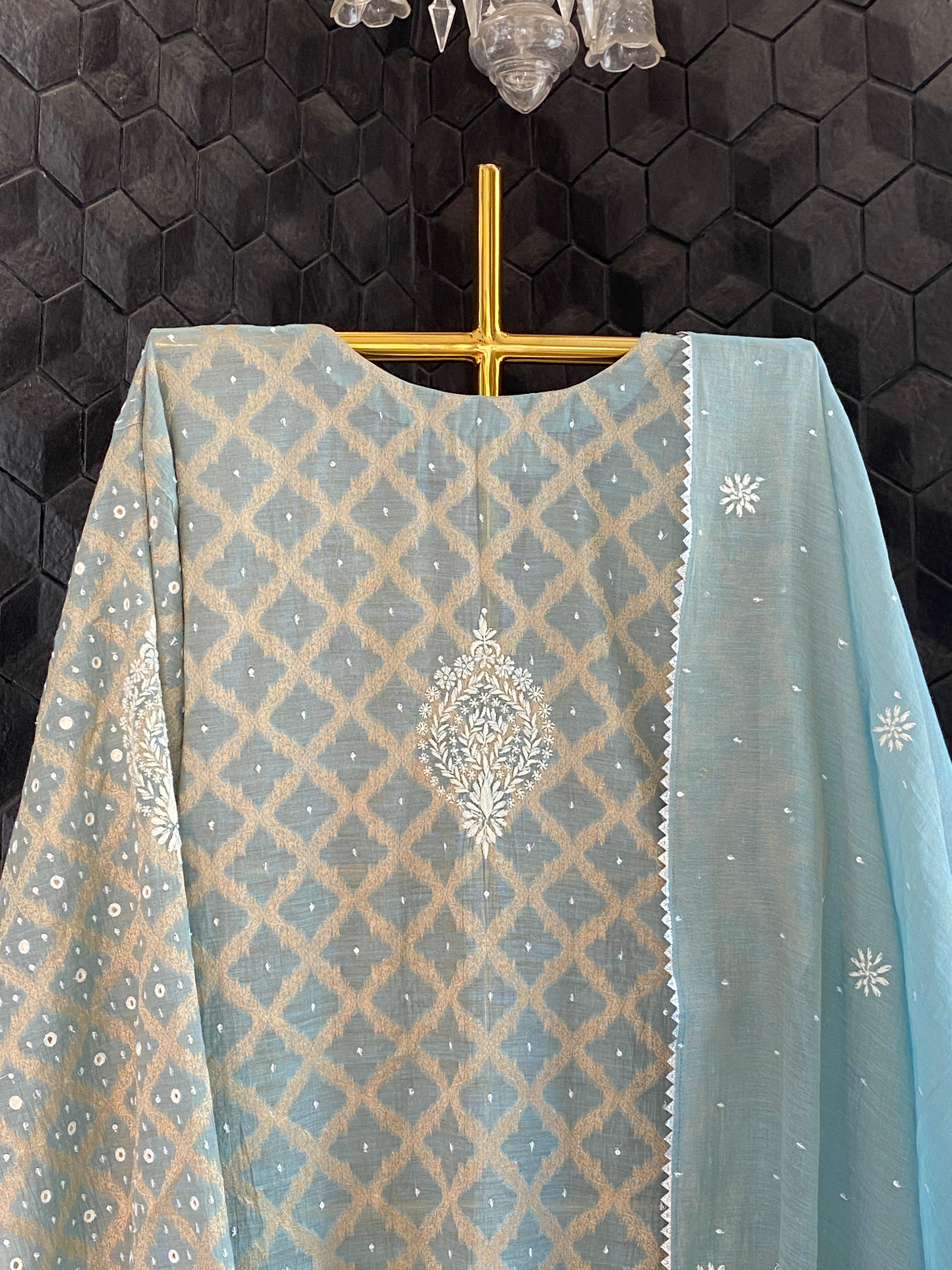 Blue golden tissue chikankari kurta set