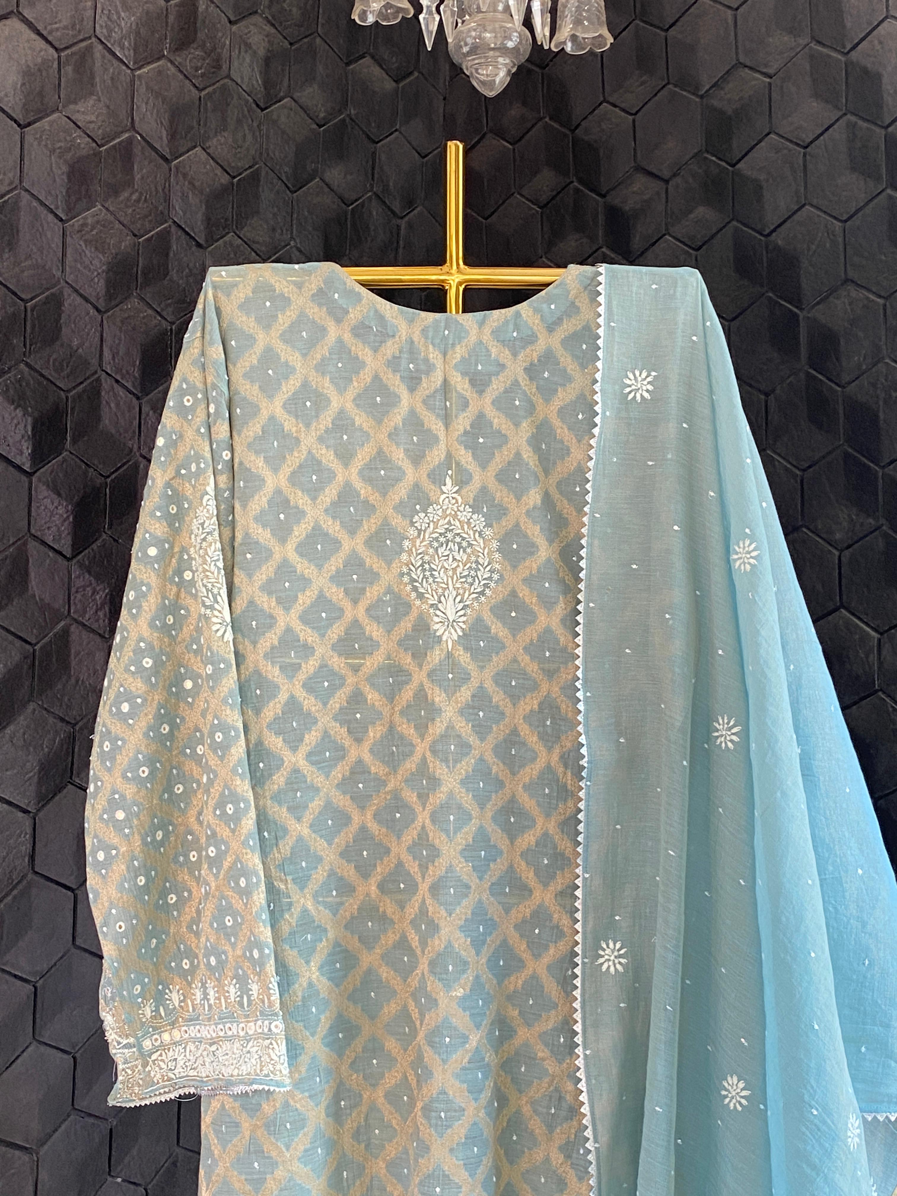 Blue golden tissue chikankari kurta set