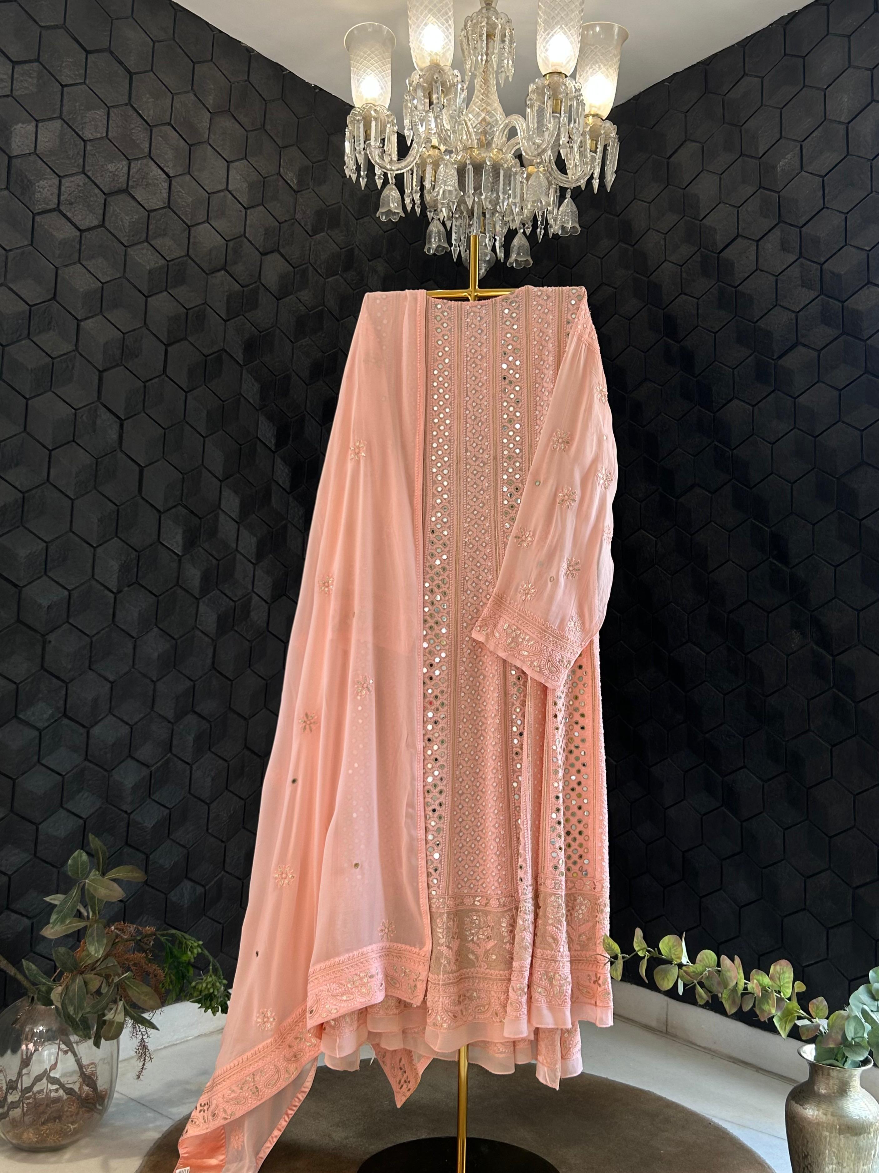 Pink Viscose Anarkali chikankari set