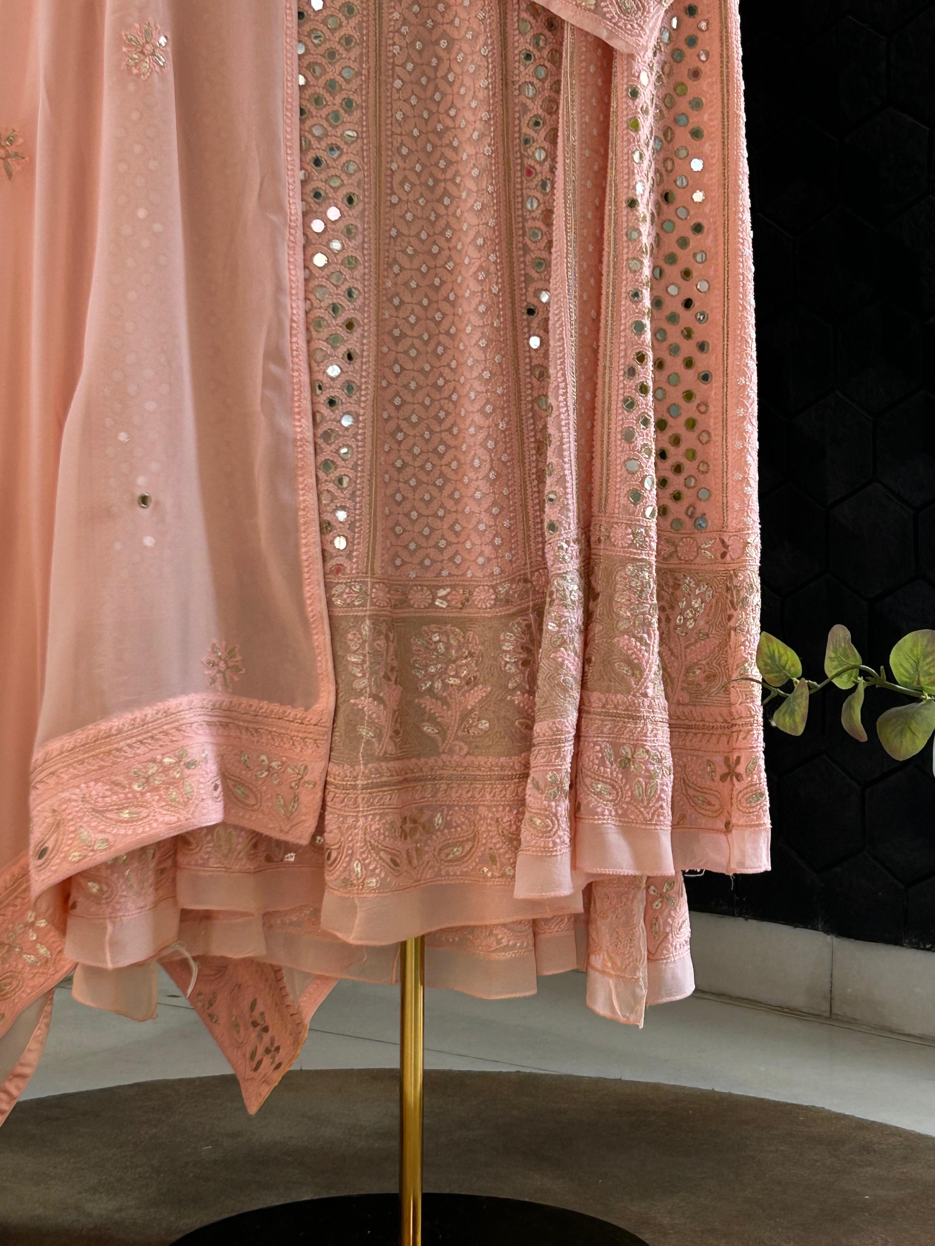 Pink Viscose Anarkali chikankari set