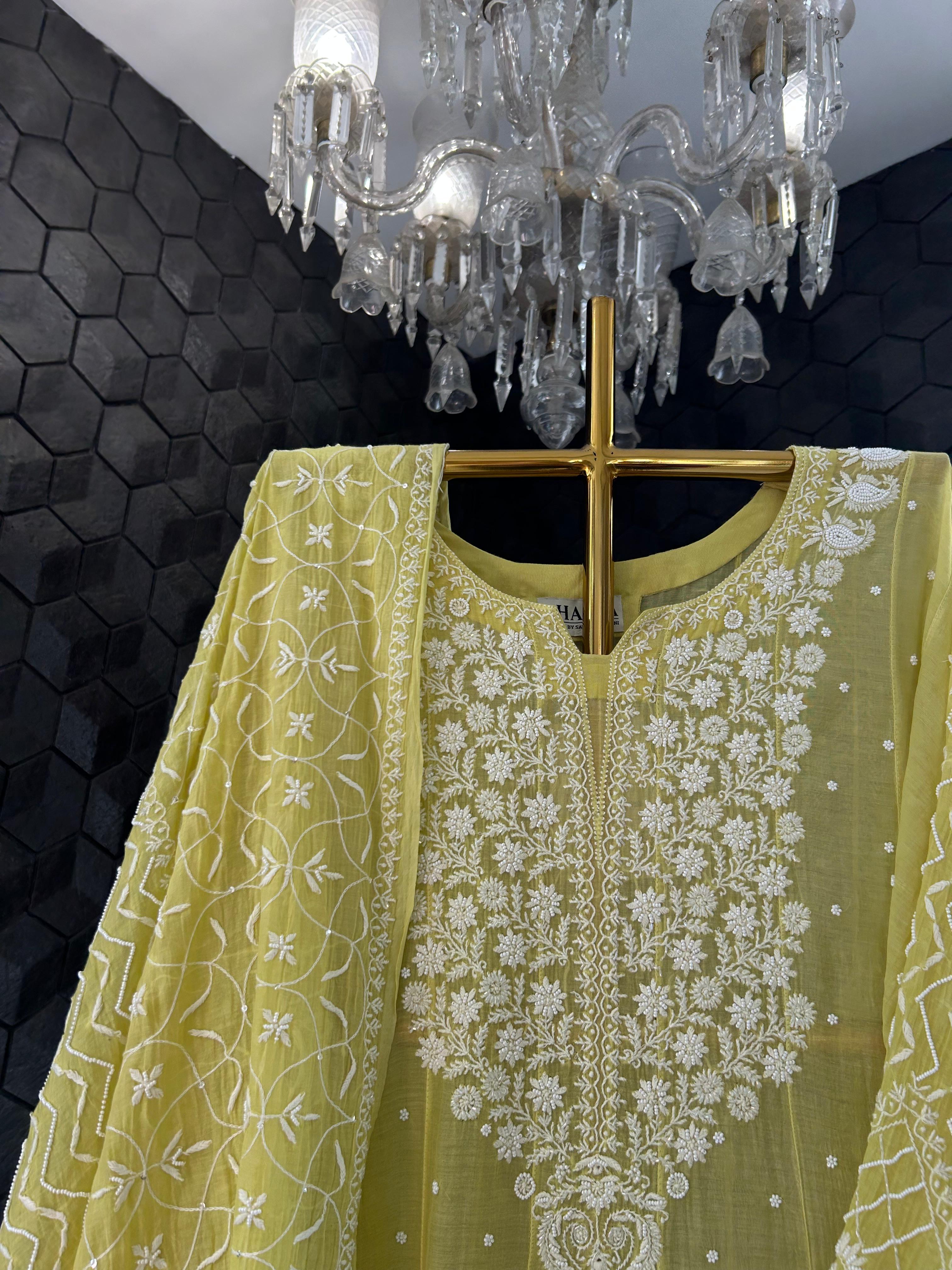 Green mul chanderi chikankari kurta set
