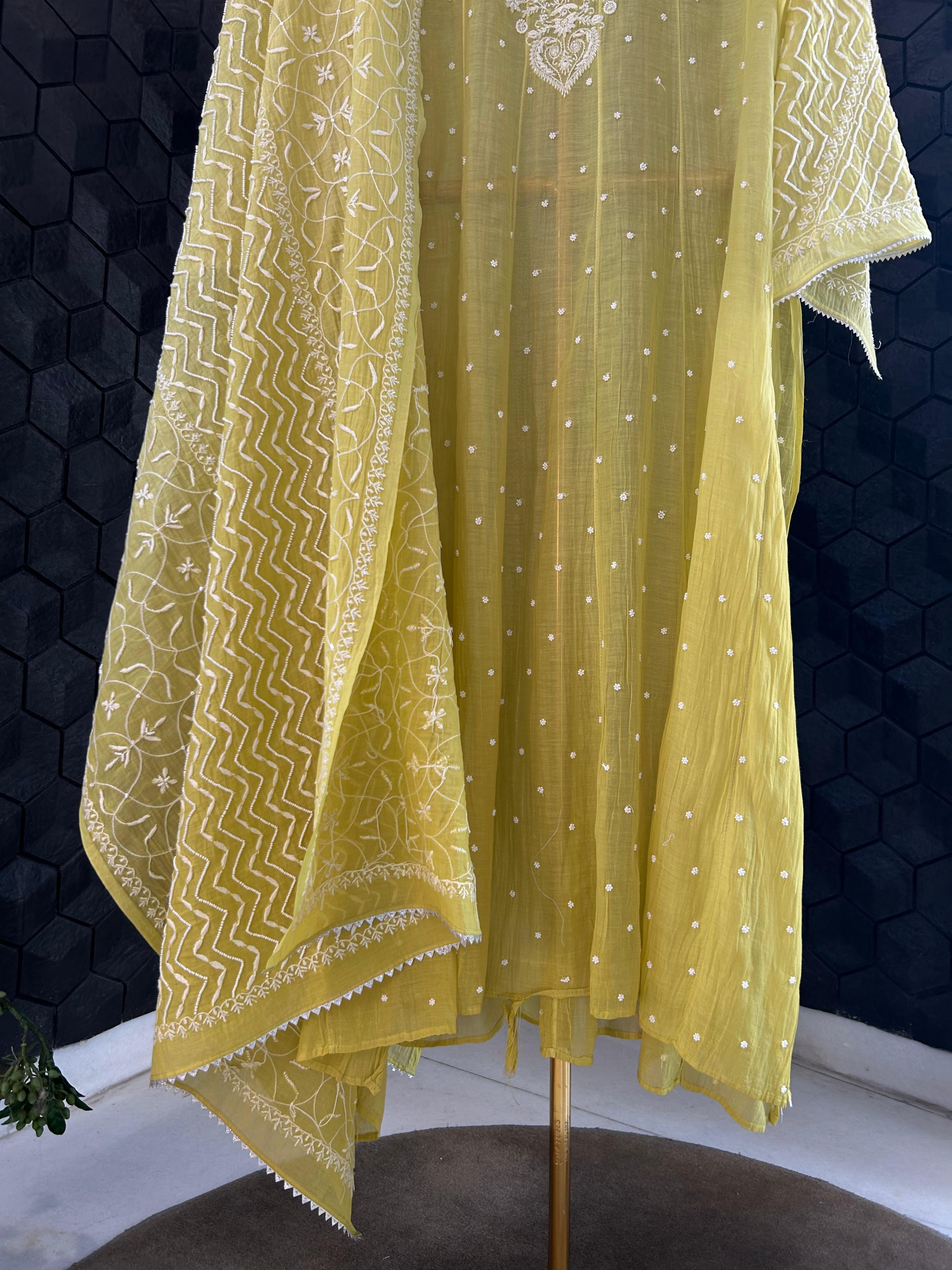 Green mul chanderi chikankari kurta set