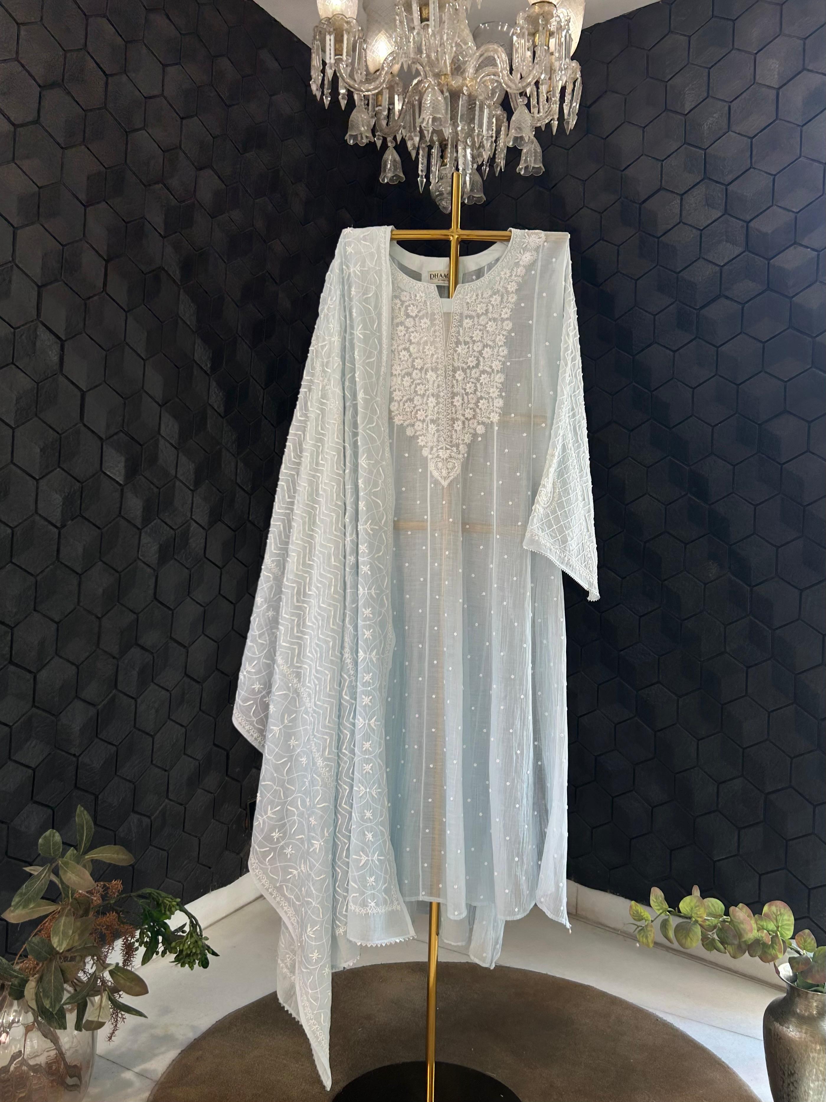 Blue mul chanderi chikankari kurta set