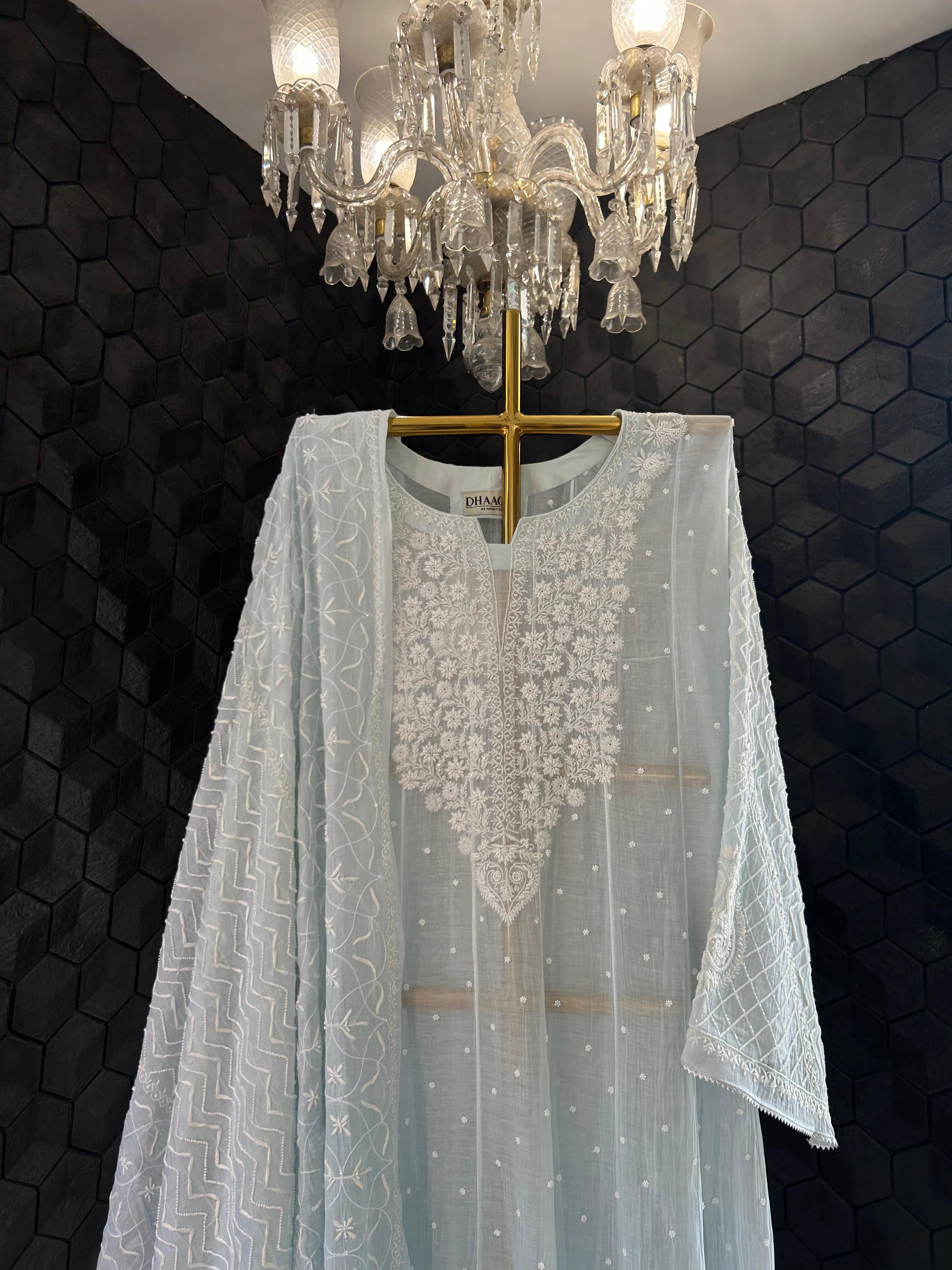 Blue mul chanderi chikankari kurta set