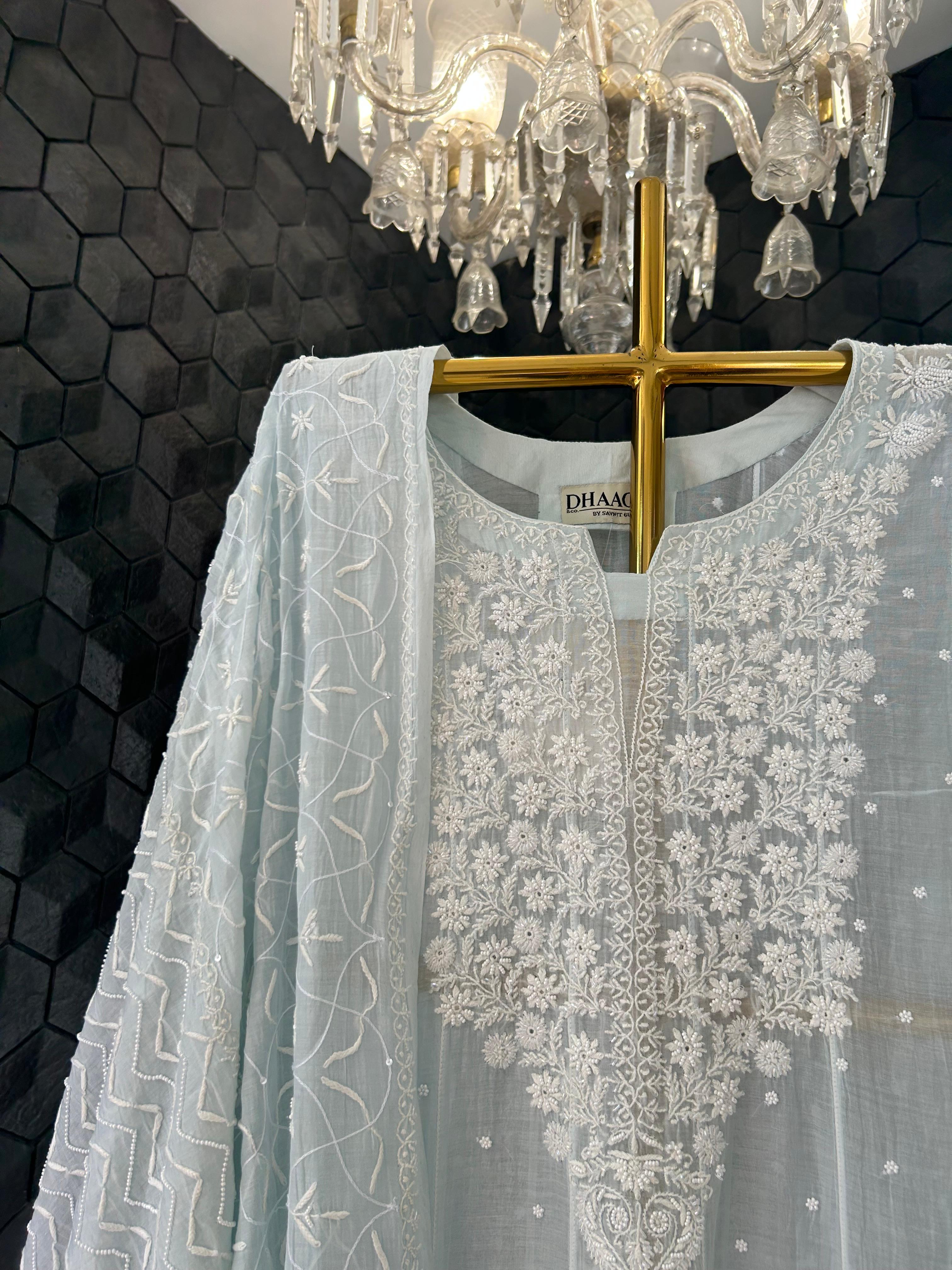 Blue mul chanderi chikankari kurta set