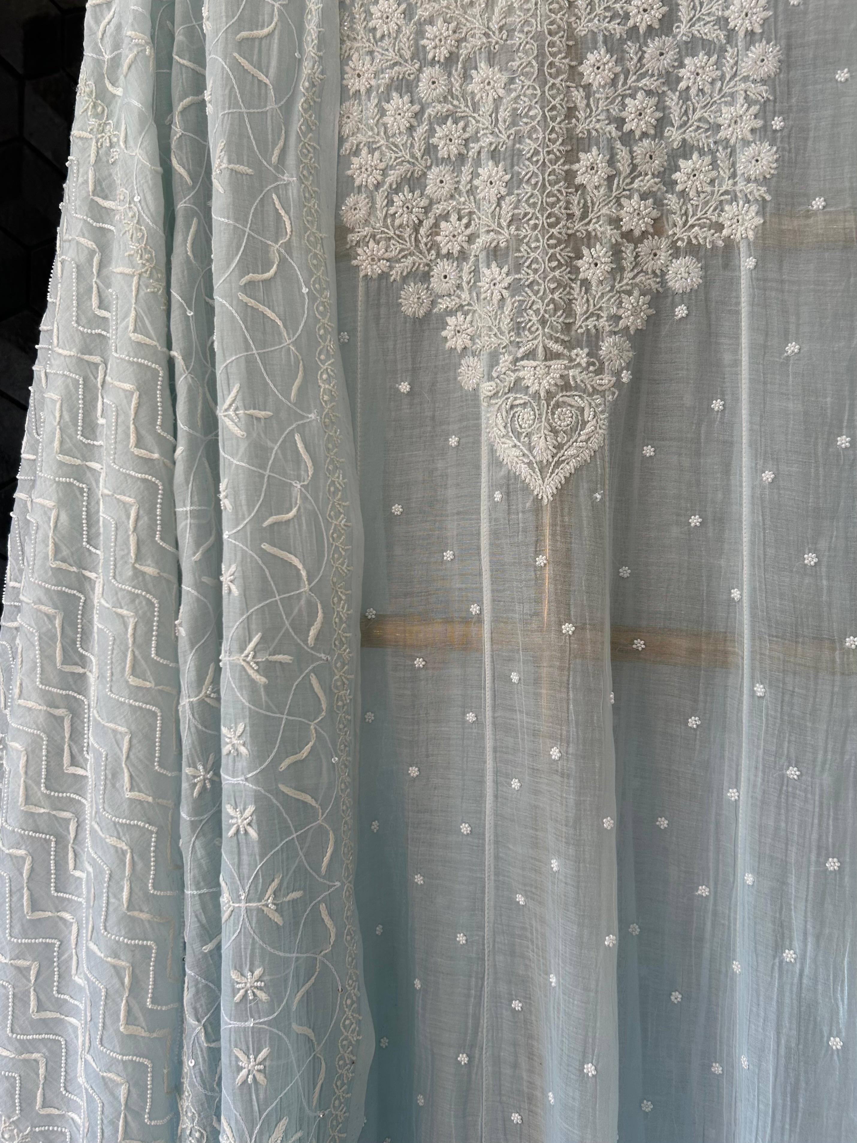 Blue mul chanderi chikankari kurta set