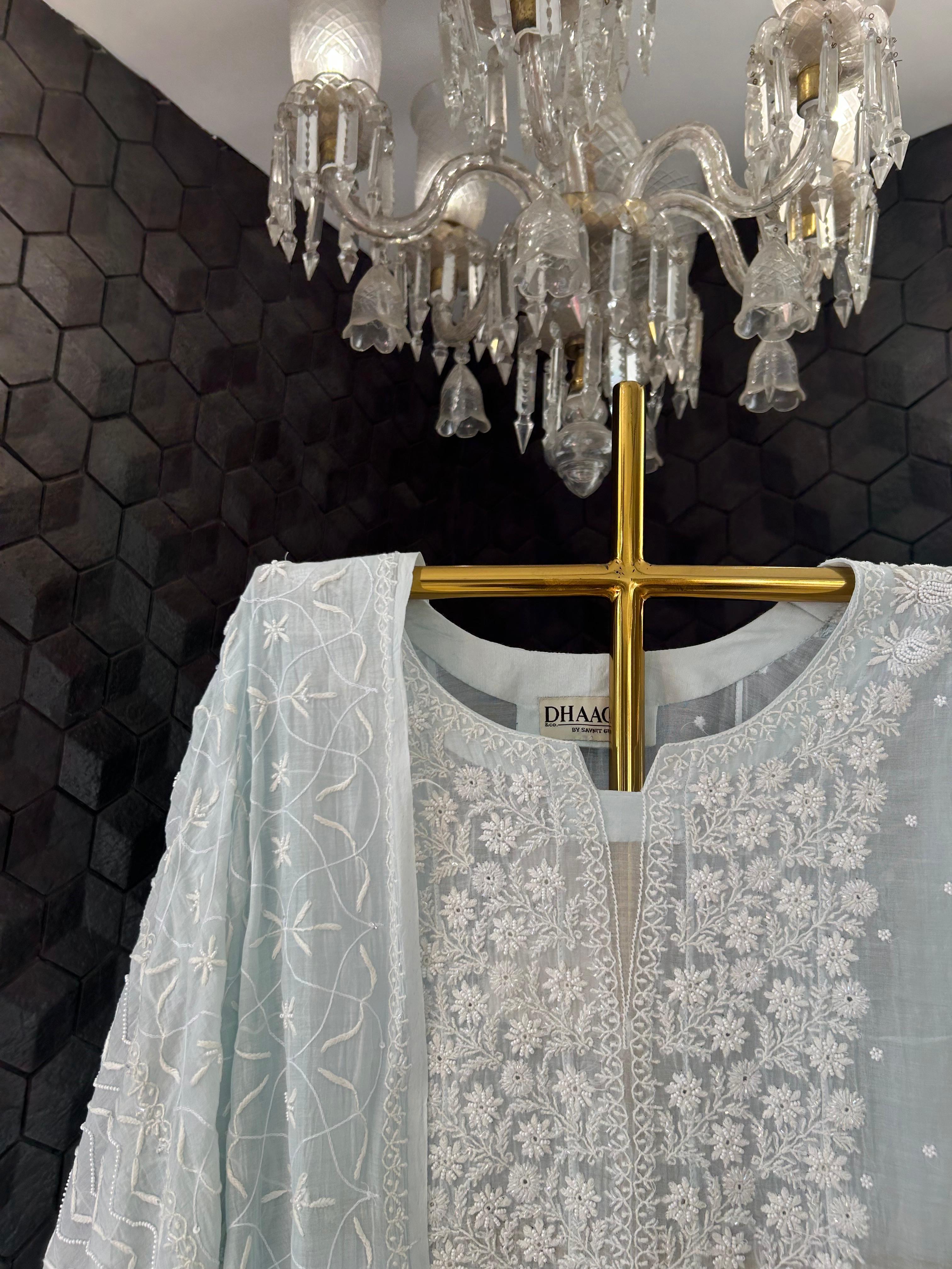 Blue mul chanderi chikankari kurta set